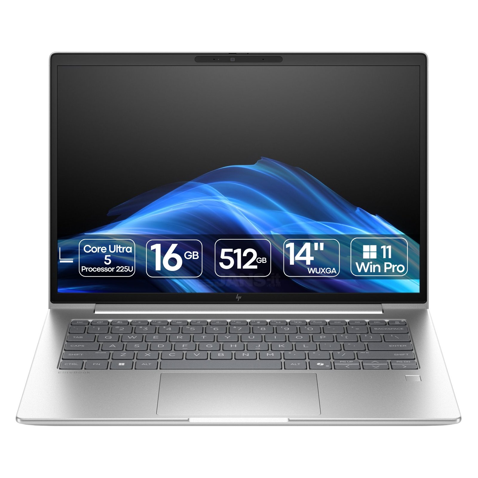 Portátil HP EliteBook 6 G1i 14 Intel Core Ultra 5 recondicionado JANSit – Portátil profissional de 14 polegadas. Vista frontal com o equipamento aberto, exibindo o ecrã antirreflexo de molduras finas, teclado em português, trackpad espaçoso e chassis elegante em alumínio prateado. Com garantia JANSit.