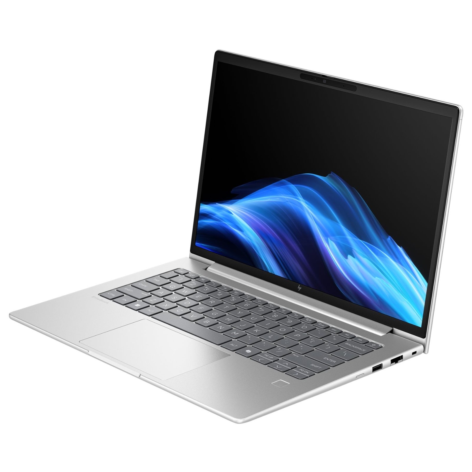 Portátil HP EliteBook 6 G1i 14 recondicionado JANSit – Vista lateral esquerda do portátil profissional de 14 polegadas, exibindo as portas USB Type-C / Thunderbolt 4, a saída de vídeo HDMI, a porta USB Type-A e a tomada para auscultadores/microfone no chassis em alumínio prateado. Com garantia JANSit.