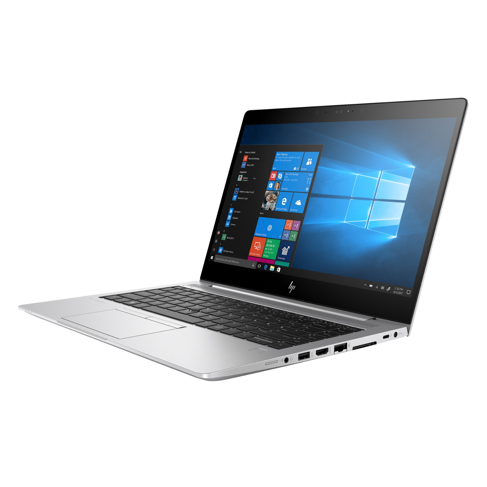Detalhe da lateral direita do portátil recondicionado HP EliteBook 840 G5. Esta imagem evidencia as opções de conectividade avançada do modelo, incluindo leitor de cartões SIM, tomada combinada de áudio, porta USB 3.1 Gen 1, saída HDMI, conector de rede RJ-45 Ethernet, conector UltraSlim para docking station HP e porta USB Type-C Thunderbolt 3. Um modelo de gama empresarial disponível na JANSit, perfeito para profissionais que procuram integração perfeita com bases de ligação e monitores externos.