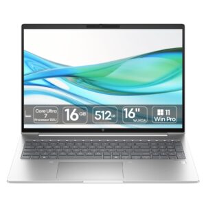Portátil HP ProBook 460 G11 Intel Core Ultra 7 recondicionado JANSit – Vista frontal do portátil empresarial de 16 polegadas aberto, exibindo o ecrã amplo com molduras finas, teclado completo retroiluminado com teclado numérico em português e chassis em alumínio prateado. Com garantia JANSit.