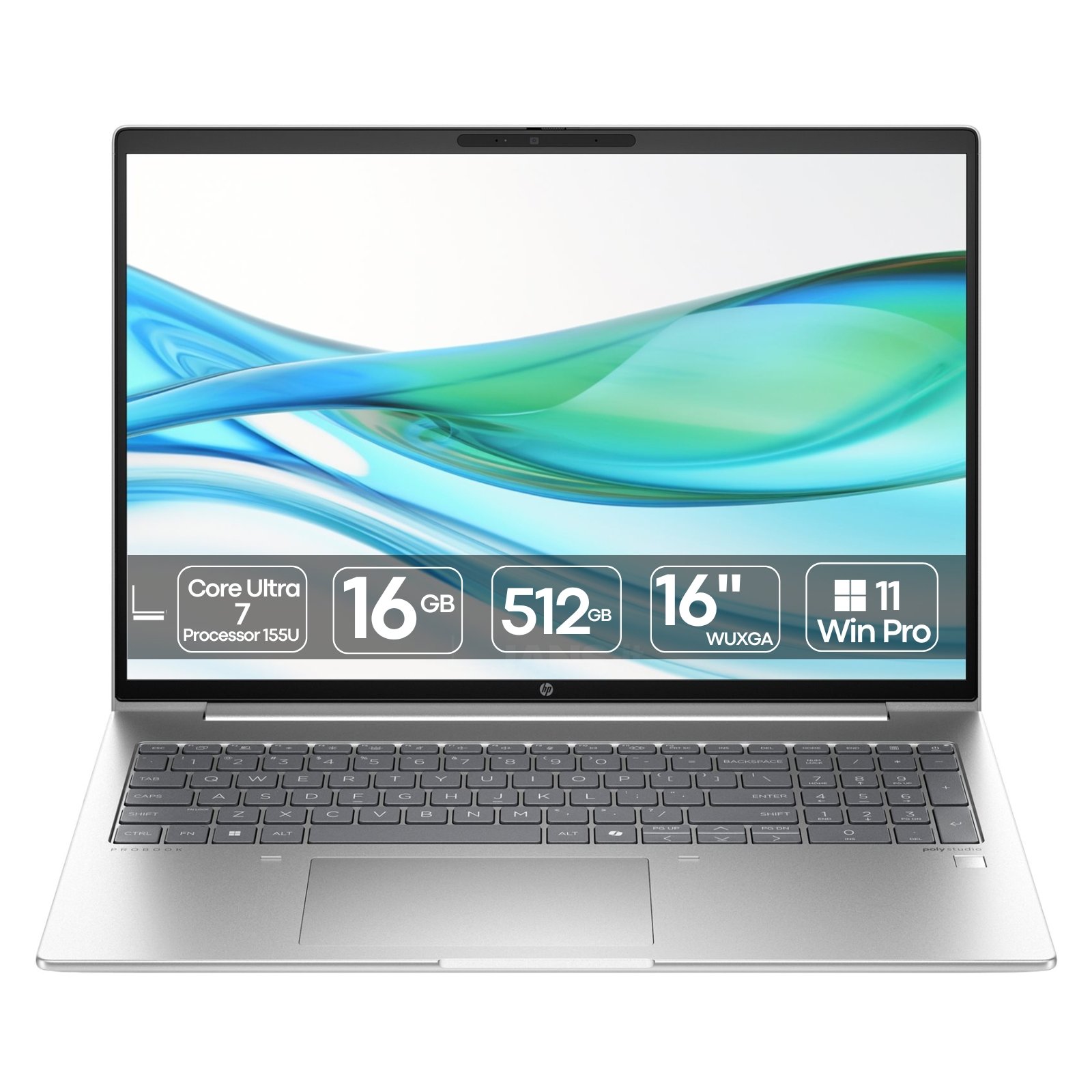 Portátil HP ProBook 460 G11 Intel Core Ultra 7 recondicionado JANSit – Vista frontal do portátil empresarial de 16 polegadas aberto, exibindo o ecrã amplo com molduras finas, teclado completo retroiluminado com teclado numérico em português e chassis em alumínio prateado. Com garantia JANSit.
