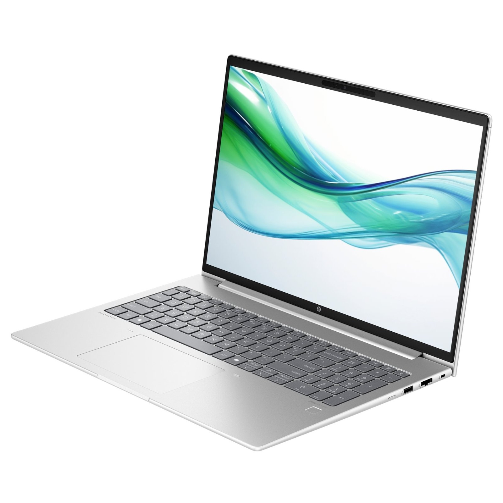Portátil HP ProBook 460 G11 recondicionado JANSit – Vista lateral direita do portátil empresarial de 16 polegadas, exibindo a porta de rede RJ-45, a porta USB Type-A, a tomada combinada para auscultadores/microfone e o perfil fino do chassis em alumínio prateado. Com garantia JANSit.