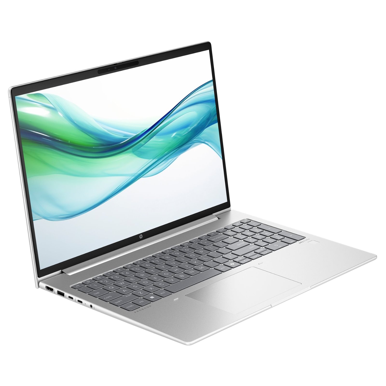 Portátil HP ProBook 460 G11 recondicionado JANSit – Vista lateral esquerda do portátil empresarial de 16 polegadas, exibindo as portas USB Type-C, a saída HDMI, a porta USB Type-A e o perfil fino do chassis em alumínio prateado. Com garantia JANSit.