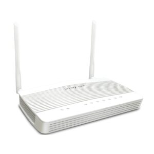 Router Draytek Vigor 2136 ax 2.5G VPN Novo em Caixa Aberta JANSit – Vista frontal e superior do router Wi-Fi 6 de alta velocidade, exibindo as antenas externas, o painel de LED indicadores de estado, as portas de rede 2.5G e o chassis em estado impecável. Com garantia JANSit.