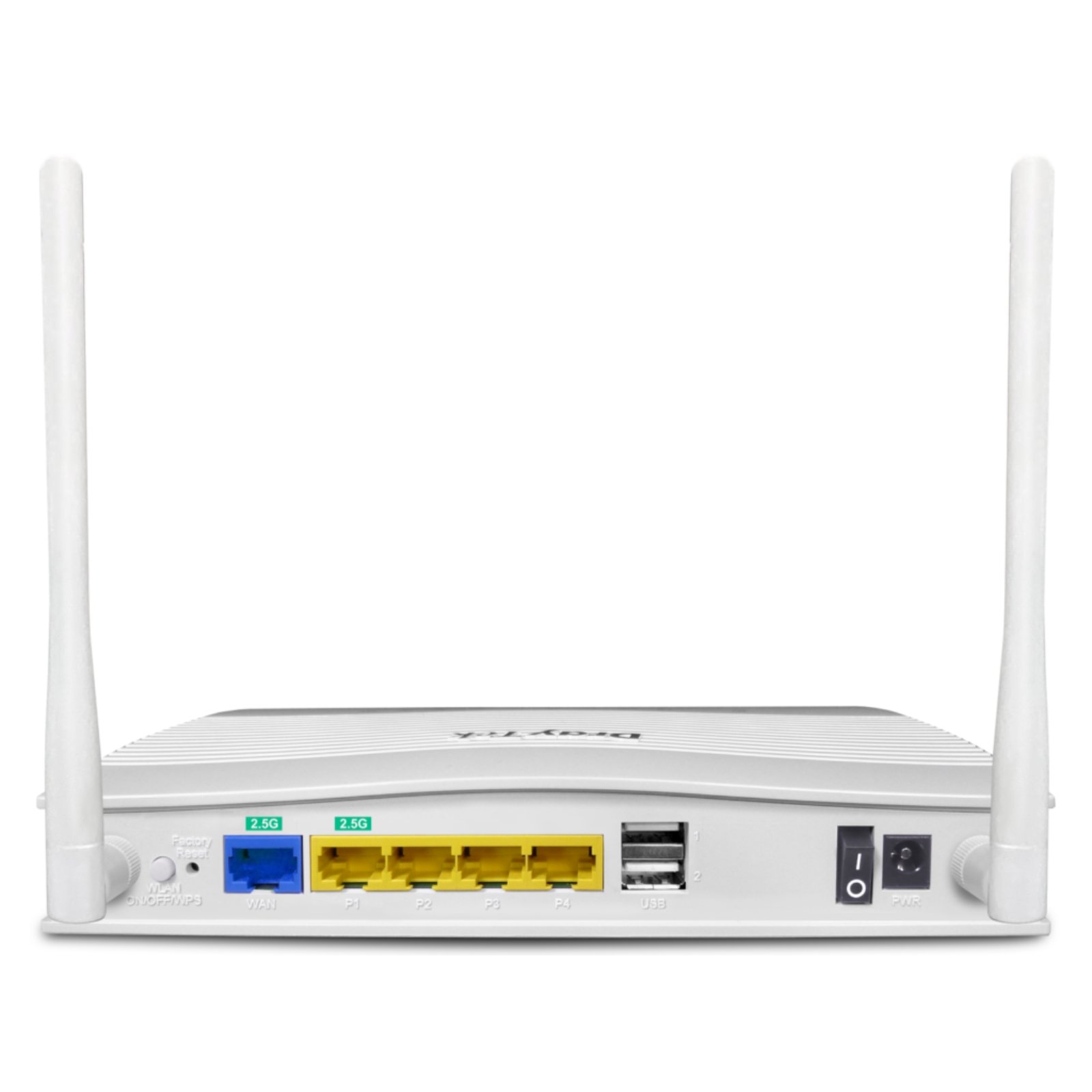 Router Draytek Vigor 2136 ax 2.5G VPN Novo em Caixa Aberta JANSit – Vista traseira do router, exibindo as portas de rede RJ-45 LAN e WAN 2.5G, porta USB, botão Power, conector de alimentação e a base das antenas externas em estado impecável. Com garantia JANSit.