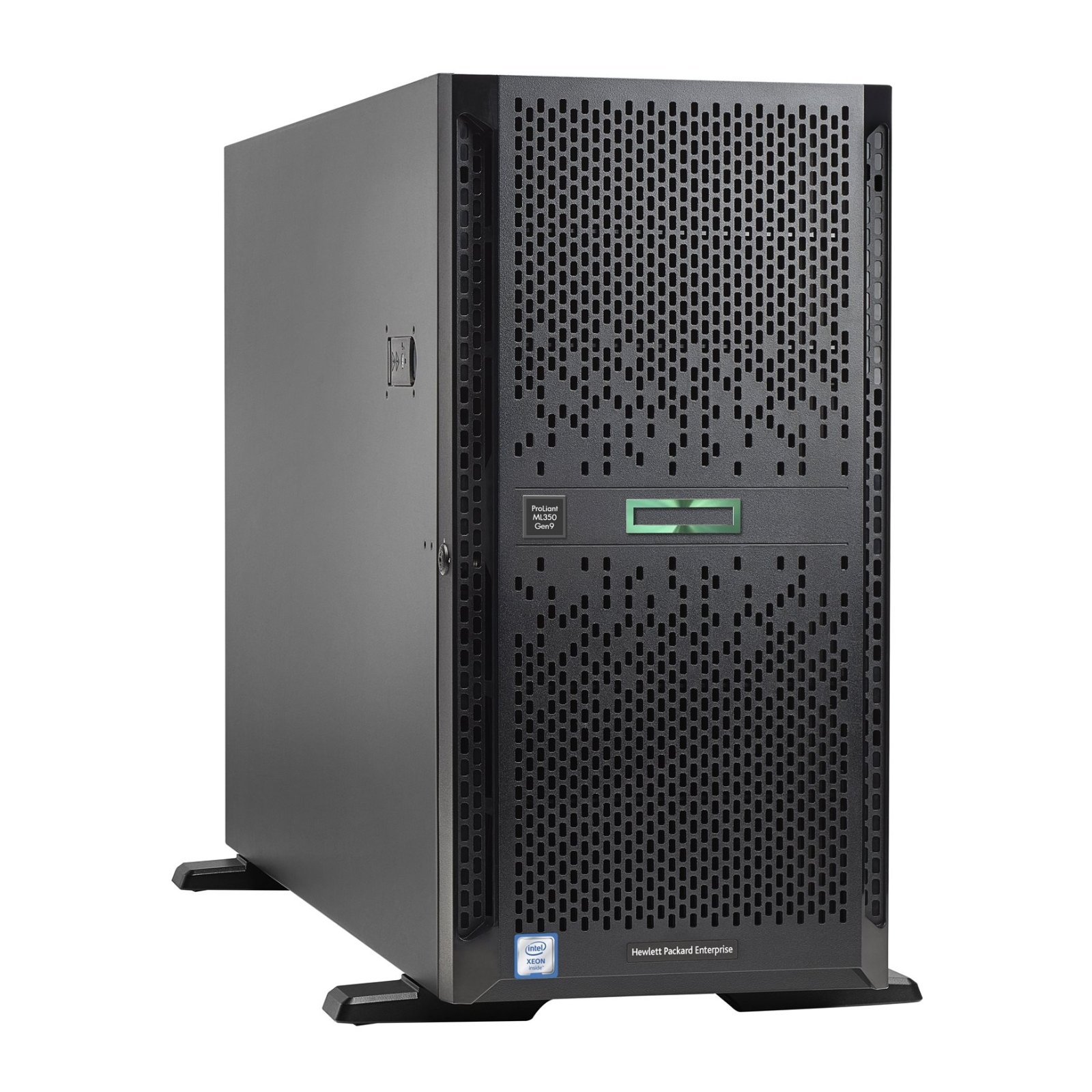 Servidor HPE ProLiant ML350 Gen9 SFF recondicionado JANSit – Vista lateral esquerda do servidor em torre empresarial, exibindo o painel lateral em aço preto resistente, o fecho de segurança do chassis e as grelhas de ventilação para arrefecimento. Com garantia JANSit.