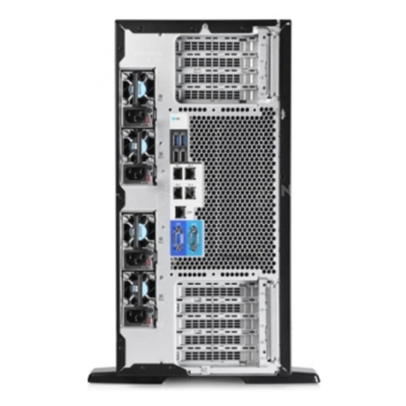 Servidor HPE ProLiant ML350 Gen9 SFF recondicionado JANSit – Vista traseira do servidor em torre empresarial, exibindo as fontes de alimentação redundantes Hot-Plug, portas de rede Ethernet RJ-45, porta dedicada iLO para gestão remota, saídas VGA, portas USB e slots de expansão PCIe. Com garantia JANSit.