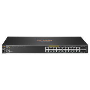 Imagem principal do switch de rede empresarial recondicionado HPE Aruba 2530. Esta fotografia destaca o painel frontal em formato rack 1U, evidenciando as portas de rede Gigabit Ethernet (com suporte PoE+ nos modelos aplicáveis), portas de uplink de fibra ótica SFP/Gigabit, porta de consola e LEDs de diagnóstico de tráfego. Uma solução fiável de comutação Layer 2 disponível na JANSit, perfeita para infraestruturas de rede empresarial, filiais e redes corporativas que exigem segurança, gestão simplificada e conectividade estável.