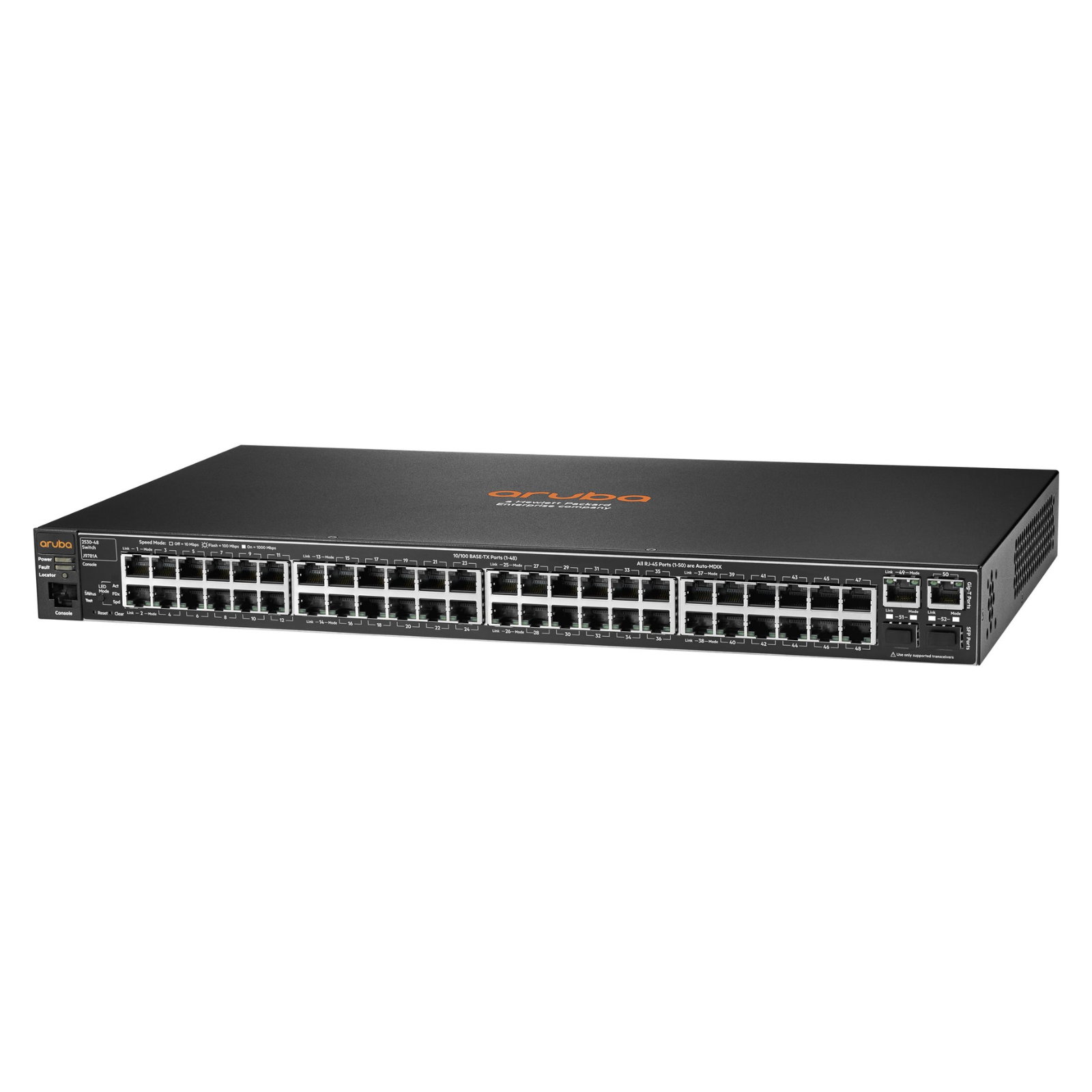 Detalhe da lateral esquerda do switch de rede empresarial recondicionado HPE Aruba 2530. Esta imagem destaca o chassi metálico compacto em formato 1U com furação padrão para fixação de orelhas de montagem em bastidor de 19 polegadas (rack mount), além das grelhas de ventilação para dissipação de calor contínua. Um equipamento de comutação fiável e duradouro disponível na JANSit, ideal para montagem estruturada em armários de rede, salas técnicas e infraestruturas de TI empresariais.