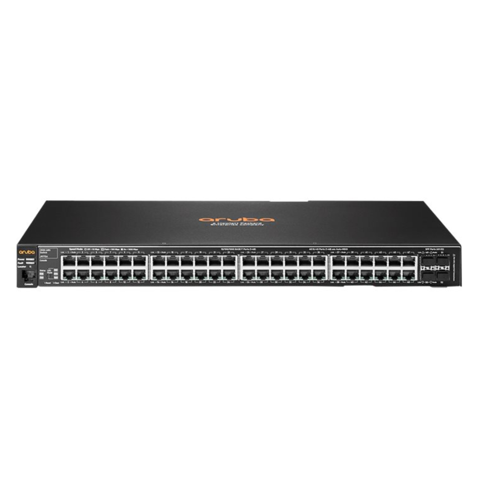 Imagem principal do switch de rede empresarial recondicionado HPE Aruba 2530. Esta fotografia destaca o painel frontal em formato rack 1U, evidenciando as portas de rede Gigabit Ethernet (com suporte PoE+ nos modelos aplicáveis), portas de uplink de fibra ótica SFP/Gigabit, porta de consola e LEDs de diagnóstico de tráfego. Uma solução fiável de comutação Layer 2 disponível na JANSit, perfeita para infraestruturas de rede empresarial, filiais e redes corporativas que exigem segurança, gestão simplificada e conectividade estável.