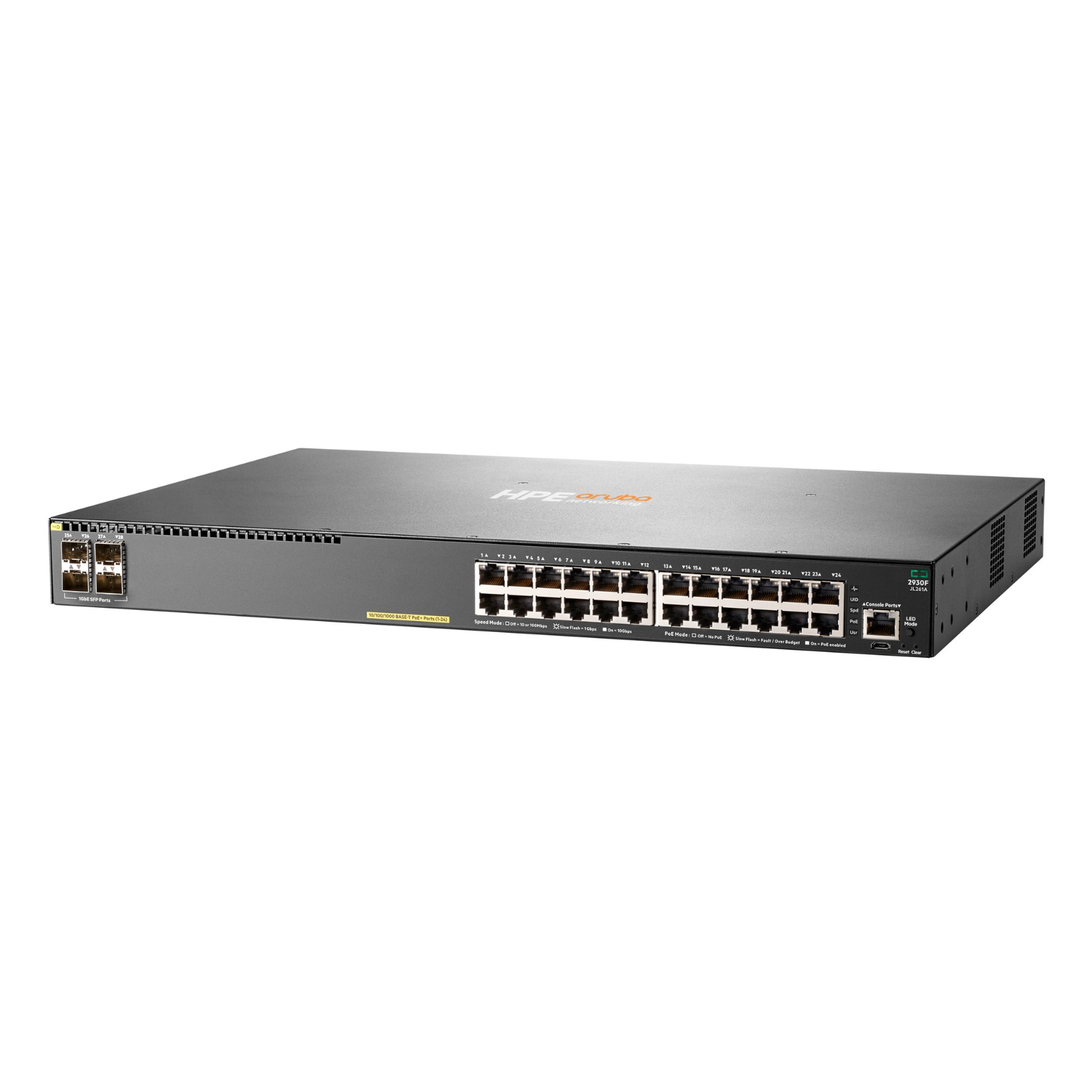 Detalhe da lateral direita do switch de rede empresarial recondicionado HPE Aruba 2930F. Esta imagem evidencia o perfil metálico robusto em formato 1U com furação padrão para fixação de calhas e orelhas de montagem em bastidor de 19 polegadas (rack mount), além das grelhas de ventilação para circulação contínua do fluxo de ar térmico. Um equipamento fiável e de alto rendimento disponível na JANSit, essencial para a instalação estruturada e segura em salas de servidores, bastidores e centros de dados.