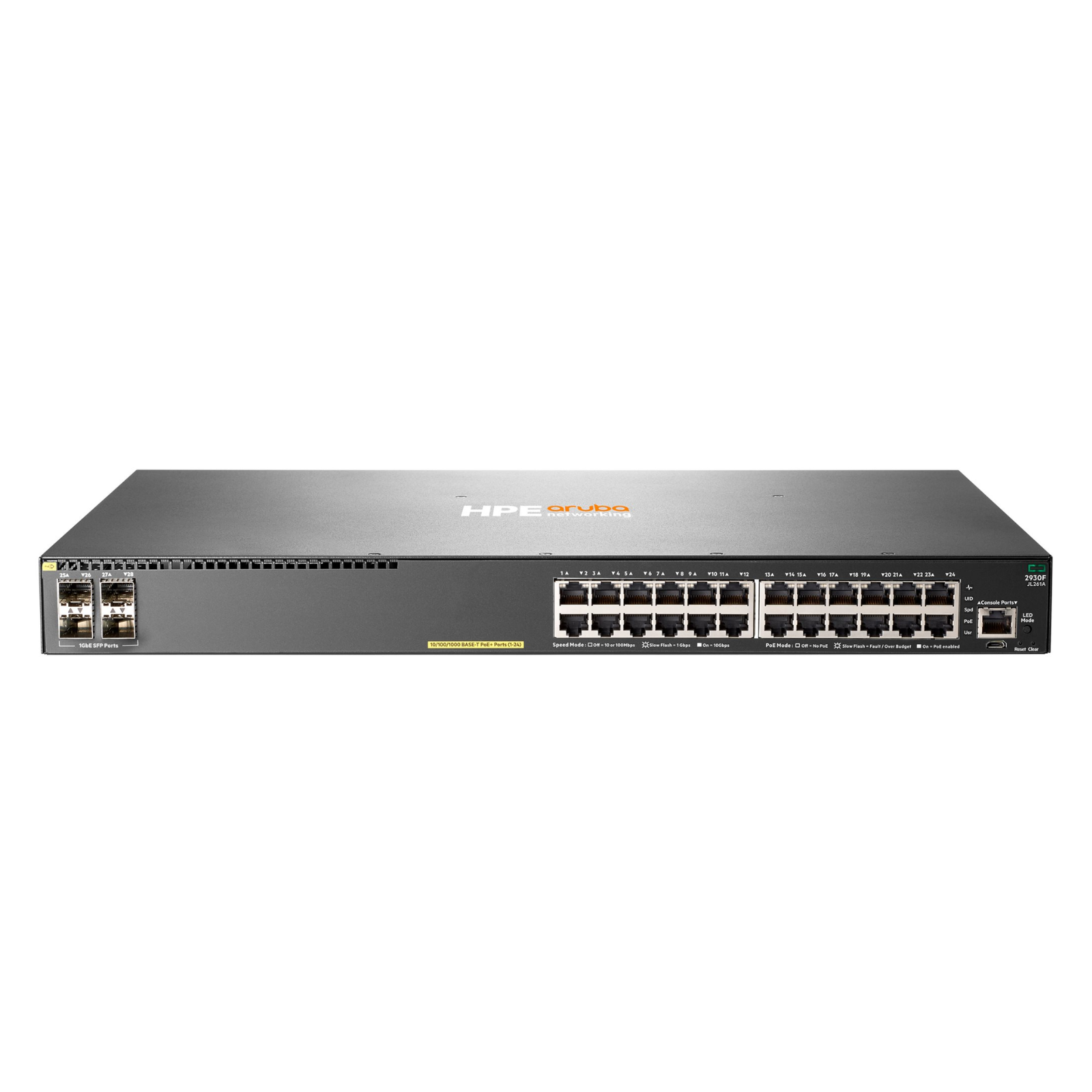Imagem principal do switch de rede empresarial recondicionado HPE Aruba 2930F. Esta fotografia destaca o painel frontal do equipamento em formato rack 1U, evidenciando as portas Gigabit Ethernet (com suporte PoE+ nos modelos aplicáveis), portas de uplink de alta velocidade SFP+ 10GbE, portas de consola e LEDs de diagnóstico de rede. Uma solução de comutação Layer 3 avançada e fiável disponível na JANSit, ideal para infraestruturas de TI empresariais, redes de campus e pequenas e médias empresas que procuram alto desempenho e segurança.
