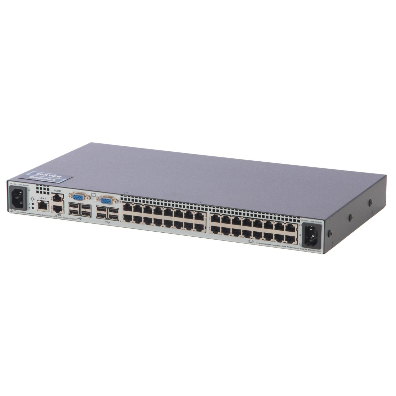 Detalhe da lateral esquerda do switch KVM HPE Server Console Switch G2 (AF619A) recondicionado. Esta imagem destaca o perfil compacto de 1U com furações padrão para fixação de calhas e orelhas de montagem em bastidor de 19 polegadas, além das grelhas de fluxo de ar térmico para refrigeração contínua. Uma solução de gestão fiável disponível na JANSit, essencial para a montagem estruturada de infraestruturas de TI e centros de dados.