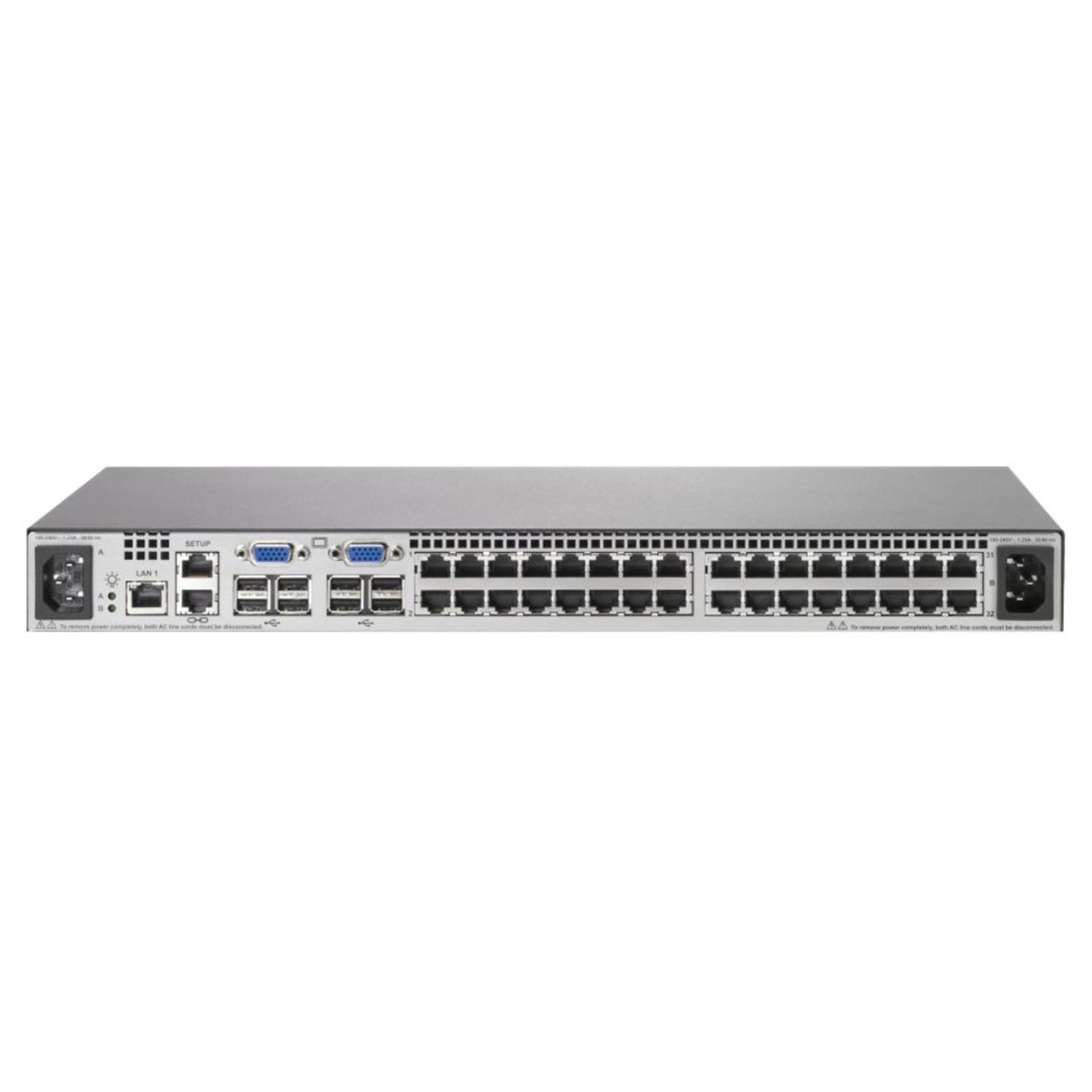 Vista do painel traseiro do switch KVM de consola HPE Server Console Switch G2 (AF619A) recondicionado. A imagem evidencia a elevada densidade de portas de interface com 16 ligações RJ-45 para cabos de interface de servidor (Interface Adapters), portas de consola local, ligação de expansão em cascata e entrada de alimentação AC. Um equipamento de gestão de infraestrutura de TI disponível na JANSit, indispensável para otimizar o controlo de múltiplos bastidores e servidores HP ProLiant em centros de dados.