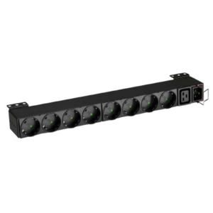 Imagem principal da unidade de distribuição de energia recondicionada MGE FlexPDU (Eaton / APC / MGE UPS Systems) com 8 tomadas Schuko (DIN 49440/CEE 7/4) e conectores de alta capacidade IEC C19 / C20 de 16A. Esta fotografia destaca o design versátil e modular em formato horizontal 1U / montagem traseira (0U), projetado para alimentar servidores, switches, sistemas de armazenamento e no-breaks (UPS). Uma solução robusta e fiável disponível na JANSit, essencial para organizar e proteger a distribuição elétrica em bastidores de servidores, salas técnicas e centros de dados.