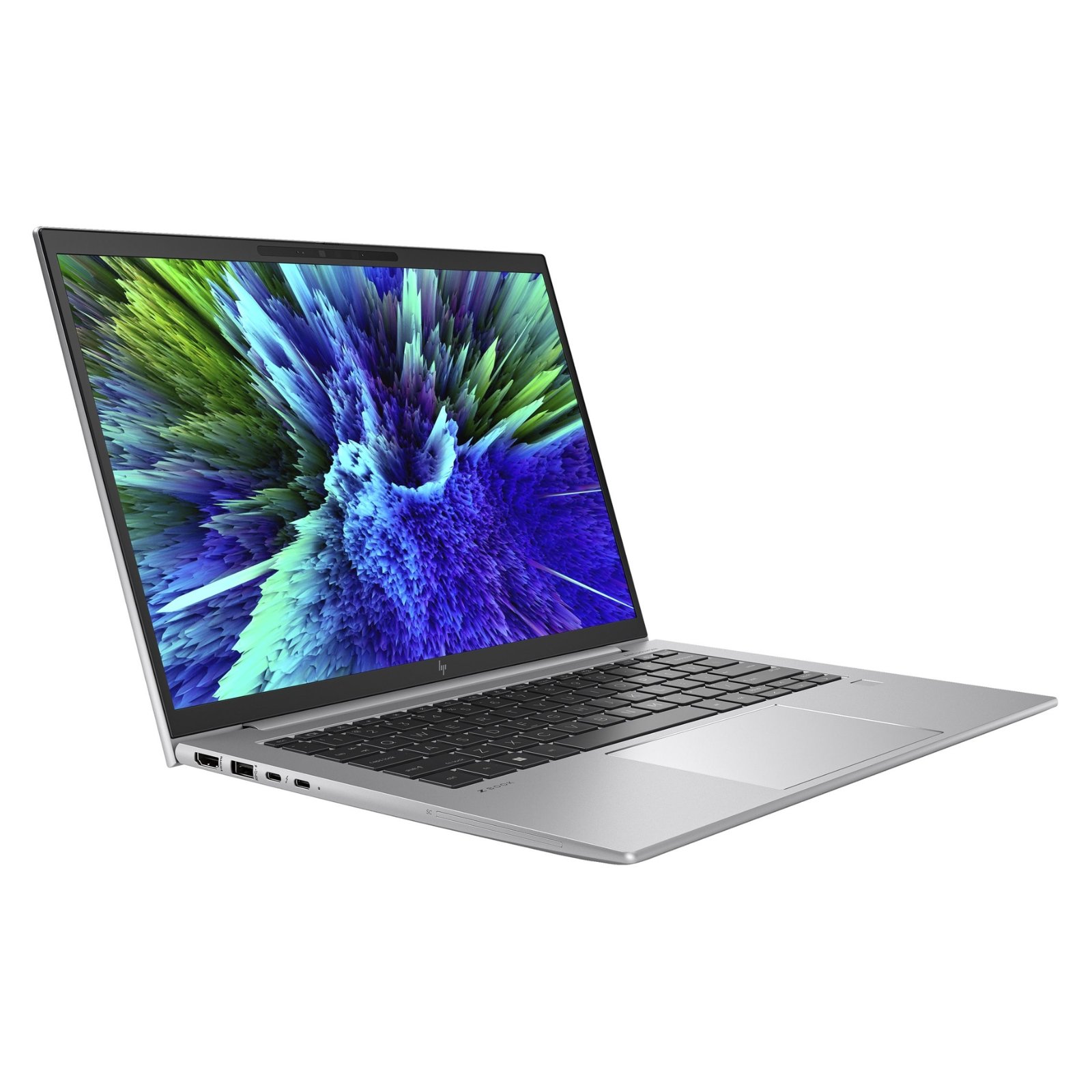 Workstation Portátil HP ZBook Firefly 14 G10 A recondicionado JANSit – Vista lateral esquerda da estação de trabalho portátil de 14 polegadas, exibindo as portas USB Type-C / USB4 de alta velocidade, a saída de vídeo HDMI, a porta USB Type-A e a tomada para auscultadores/microfone no chassis em alumínio. Com garantia JANSit.