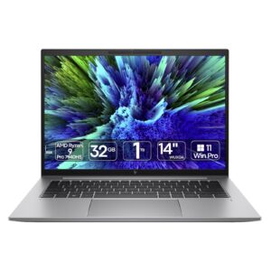 Workstation Portátil HP ZBook Firefly 14 G10 A AMD Ryzen 9 Pro recondicionado JANSit – Estação de trabalho portátil de 14 polegadas. Vista frontal com o equipamento aberto, exibindo o ecrã de alta resolução, teclado retroiluminado em português, trackpad espaçoso e chassis premium em alumínio cinzento escuro. Com garantia JANSit.