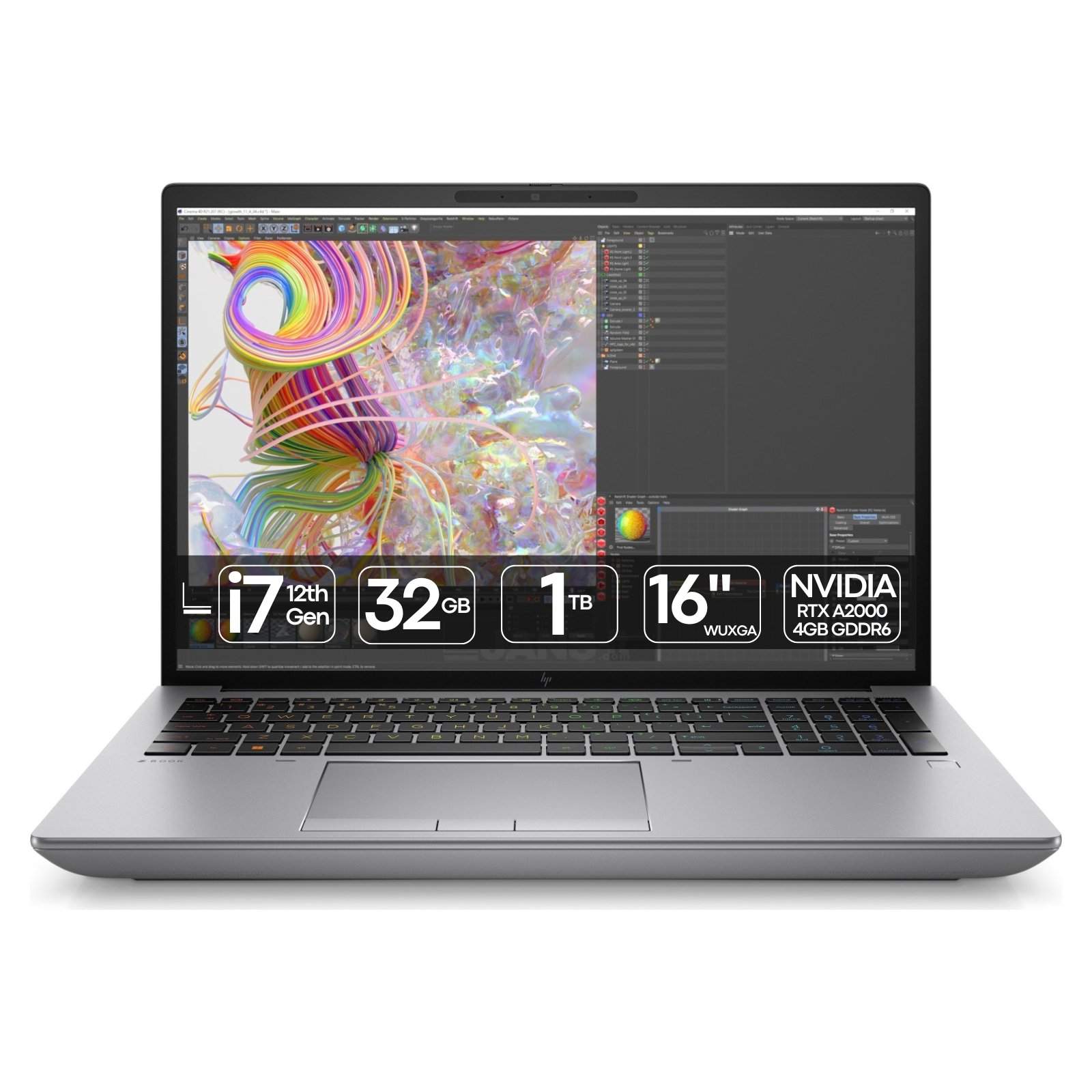 Workstation Portátil HP ZBook Fury 16 G9 Intel Core i7 NVIDIA RTX A2000 recondicionado JANSit – Estação de trabalho portátil de 16 polegadas. Vista frontal com o equipamento aberto, exibindo o ecrã profissional de molduras finas, teclado completo com teclado numérico, trackpad amplo e chassis robusto em alumínio cinzento escuro. Com garantia JANSit.