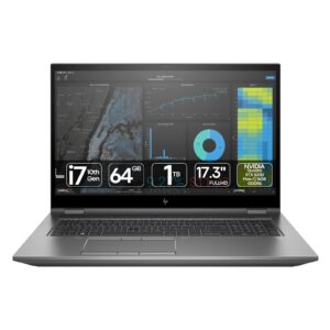 Workstation Portátil HP ZBook 17 G7 Fury Intel Core i7 NVIDIA RTX 5000 Max-Q recondicionada JANSit – Estação de trabalho portátil de 17.3 polegadas. Vista frontal com o equipamento aberto, exibindo o ecrã profissional amplo, teclado completo com teclado numérico em português, trackpad e chassis em alumínio cinzento escuro. Com garantia JANSit.