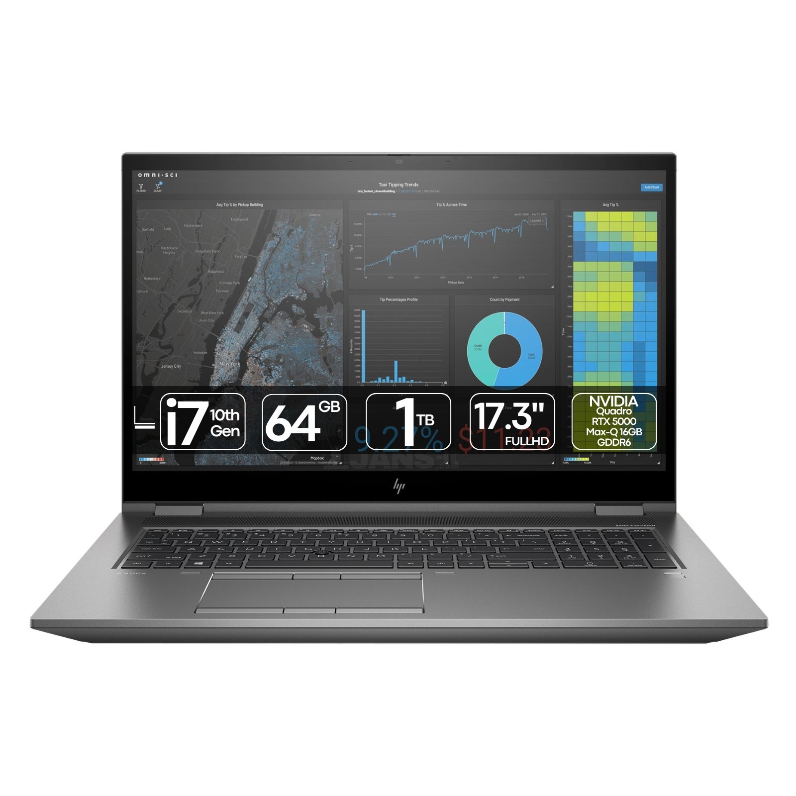Workstation Portátil HP ZBook 17 G7 Fury Intel Core i7 NVIDIA RTX 5000 Max-Q recondicionada JANSit – Estação de trabalho portátil de 17.3 polegadas. Vista frontal com o equipamento aberto, exibindo o ecrã profissional amplo, teclado completo com teclado numérico em português, trackpad e chassis em alumínio cinzento escuro. Com garantia JANSit.