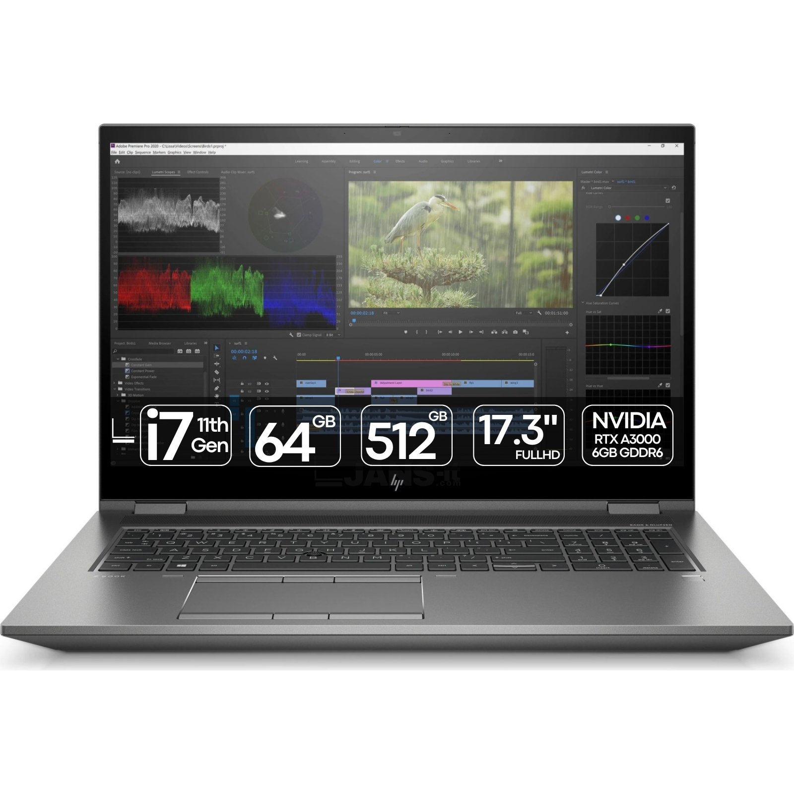 Workstation Portátil HP ZBook 17 G8 Fury Intel Core i7 NVIDIA RTX A3000 recondicionada JANSit – Estação de trabalho portátil de 17.3 polegadas. Vista frontal com o equipamento aberto, exibindo o ecrã profissional amplo, teclado completo com teclado numérico em português, trackpad e chassis em alumínio cinzento. Com garantia JANSit.