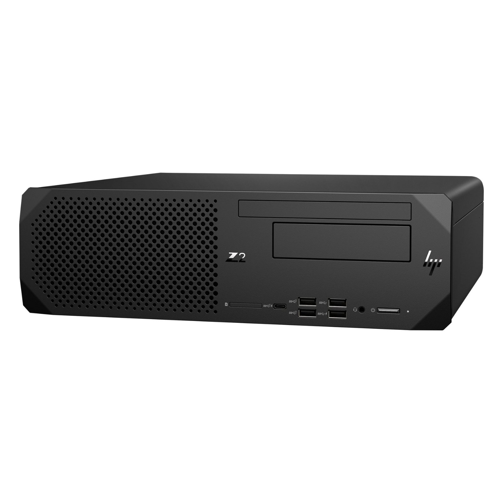 Workstation HP Z2 G5 SFF recondicionada JANSit – Vista lateral direita da estação de trabalho computador de secretária compacto, exibindo o painel lateral em aço preto resistente e o perfil fino do chassis Small Form Factor. Com garantia JANSit.