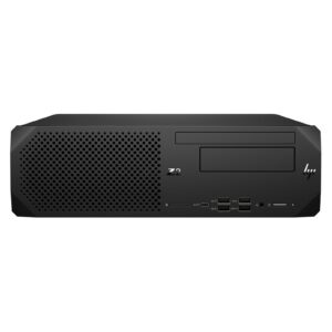 Workstation HP Z2 G5 SFF recondicionada JANSit – Estação de trabalho computador de secretária compacto. Vista frontal do chassis Small Form Factor (SFF), exibindo o logótipo HP Z, a grelha de ventilação frontal, as portas USB, a tomada para auscultadores e a unidade ótica no acabamento preto profissional. Com garantia JANSit.