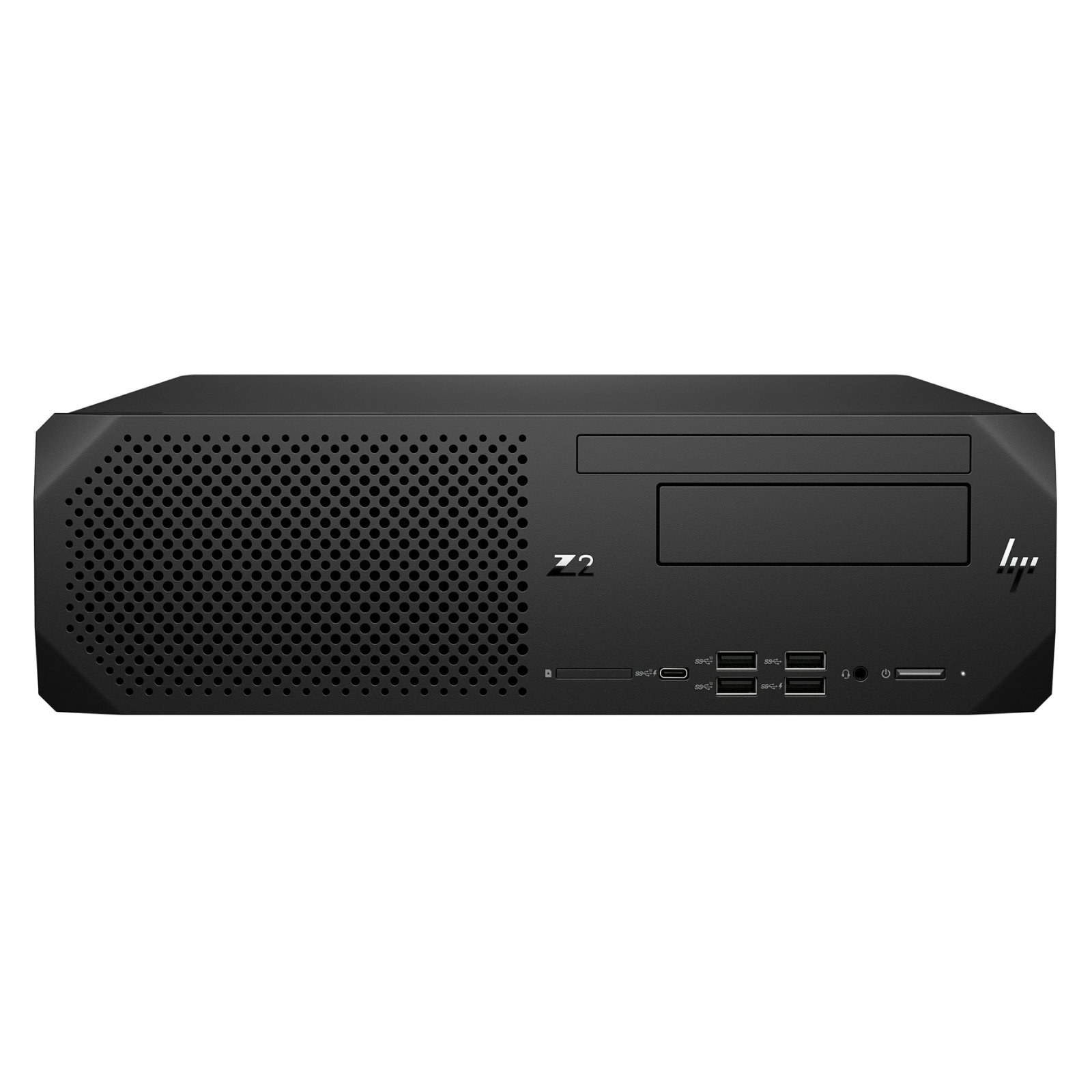 Workstation HP Z2 G5 SFF recondicionada JANSit – Estação de trabalho computador de secretária compacto. Vista frontal do chassis Small Form Factor (SFF), exibindo o logótipo HP Z, a grelha de ventilação frontal, as portas USB, a tomada para auscultadores e a unidade ótica no acabamento preto profissional. Com garantia JANSit.