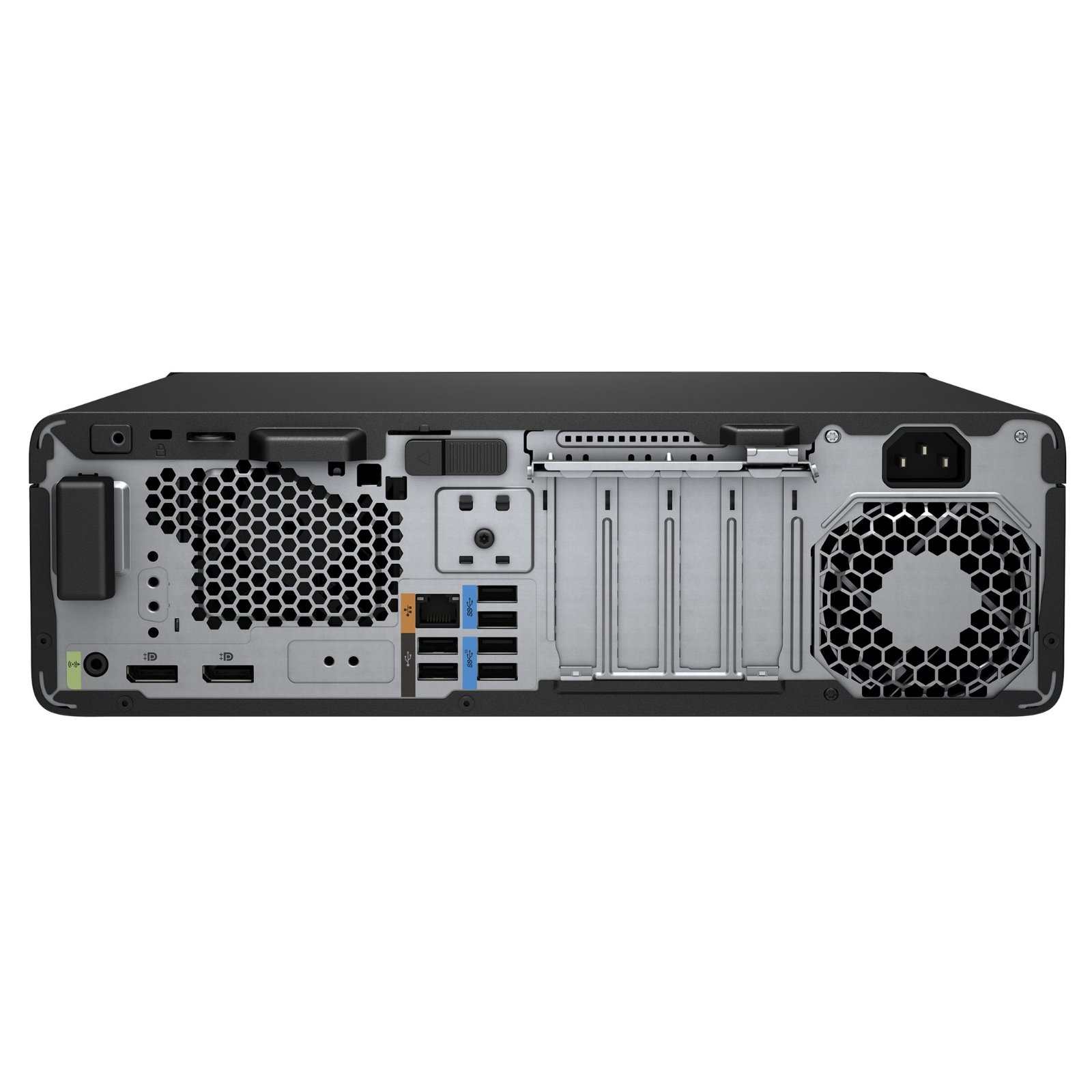 Workstation HP Z2 G5 SFF recondicionada JANSit – Vista traseira da estação de trabalho computador de secretária compacto, exibindo o painel de conectividade com saídas DisplayPort, portas USB, entrada de rede RJ-45, ranhuras de expansão PCIe e a fonte de alimentação. Com garantia JANSit.