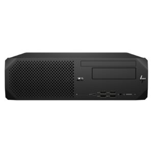 Workstation HP Z2 G5 SFF i5 recondicionada JANSit – Estação de trabalho computador de secretária compacto. Vista frontal do chassis Small Form Factor (SFF), exibindo o logótipo HP Z, a grelha de ventilação frontal, as portas USB, a tomada para auscultadores e a unidade ótica no acabamento preto profissional. Com garantia JANSit.