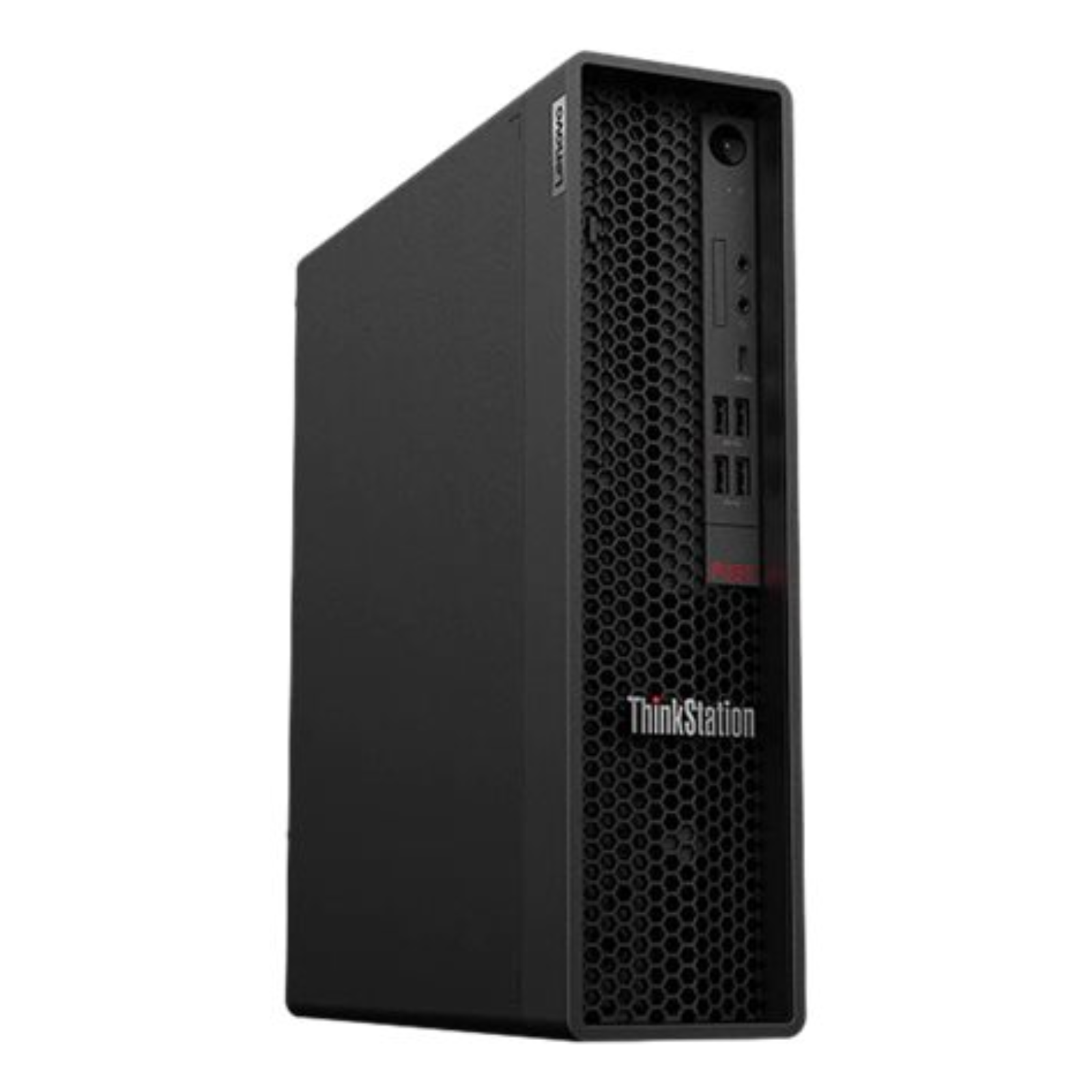 Detalhe da lateral direita da workstation recondicionada Lenovo ThinkStation P350 SFF. Esta imagem destaca a estrutura do chassi em aço e os suportes antiderrapantes integrados, concebidos para permitir a utilização segura da torre tanto na vertical como na horizontal sob o monitor. Um equipamento de nível profissional altamente versátil disponível na JANSit, ideal para otimizar ao máximo o espaço de trabalho.