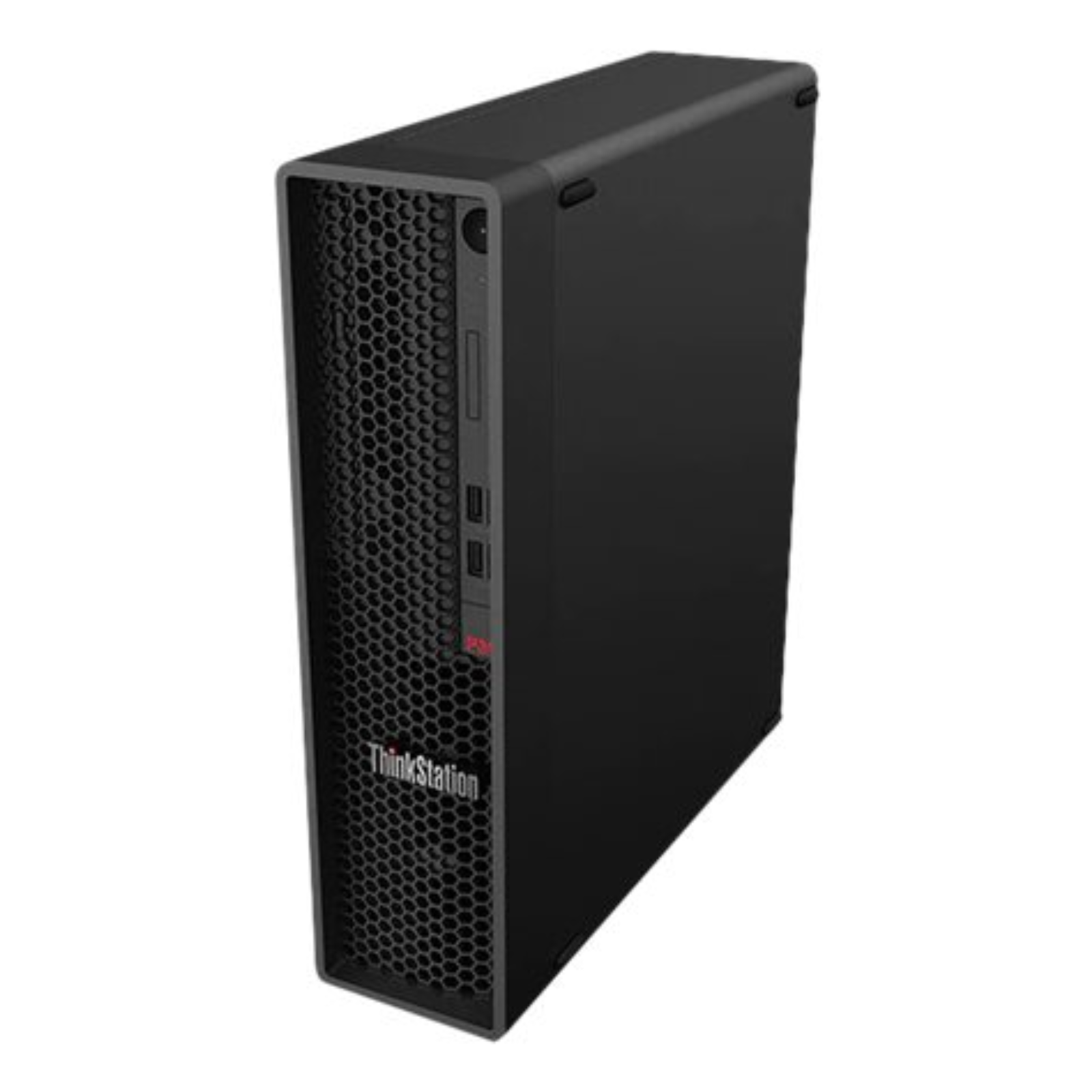 Detalhe da lateral esquerda da workstation recondicionada Lenovo ThinkStation P350 SFF. Esta imagem foca no painel lateral robusto de fácil remoção sem ferramentas, no acabamento preto profissional e no perfil compacto do formato Small Form Factor. Uma estação de trabalho de elevado desempenho disponível na JANSit, perfeita para otimizar o espaço na secretária sem comprometer a capacidade de expansão e manutenção.