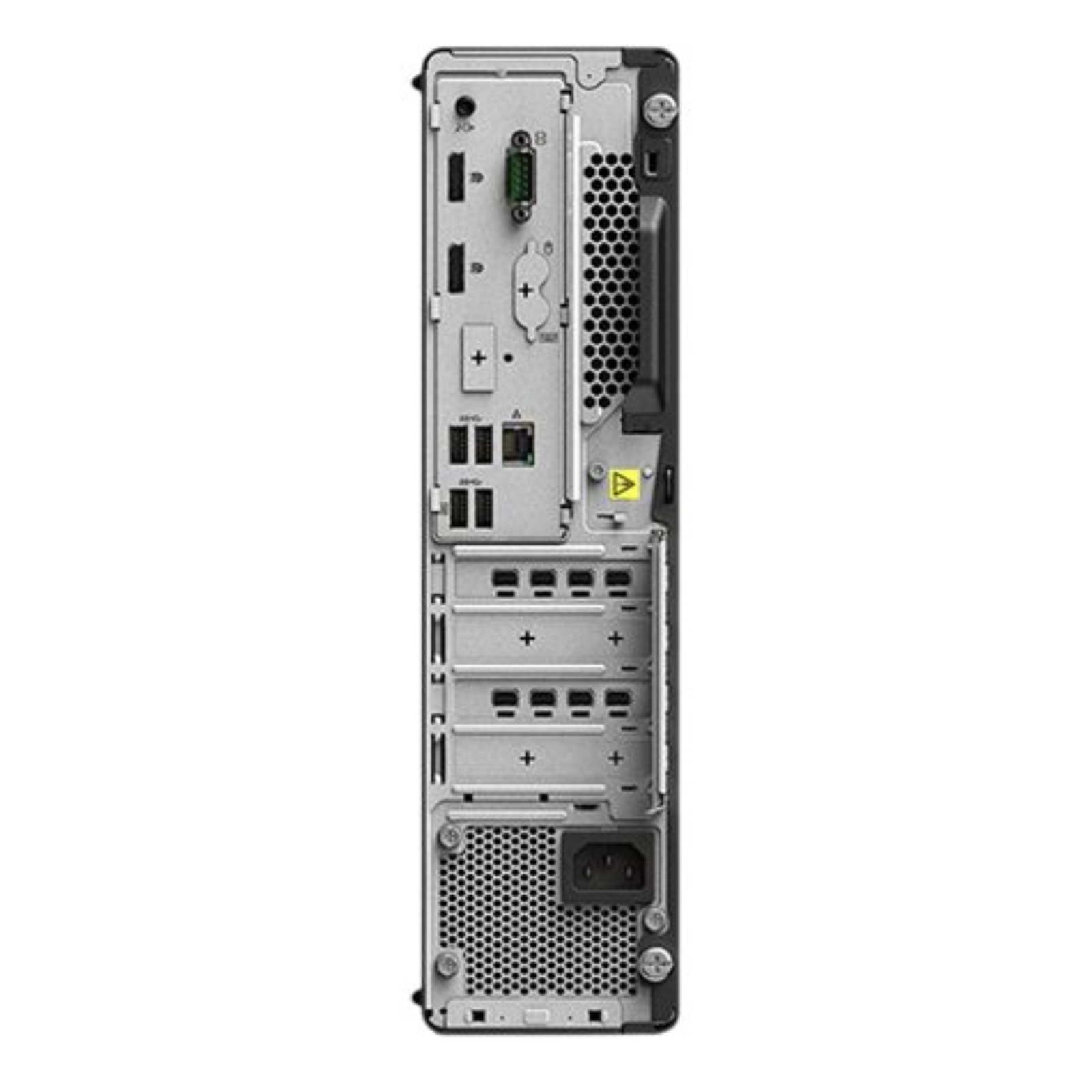Detalhe da parte traseira da workstation de formato compacto Lenovo ThinkStation P350 SFF recondicionada. Esta imagem destaca o painel completo de saídas de vídeo DisplayPort (ideal para múltiplos monitores), portas USB, conector de rede RJ-45 Ethernet Gigabit, saída de áudio e a fonte de alimentação com certificação 80 PLUS. Uma estação de trabalho potente e expansível disponível na JANSit para escritórios e ambientes profissionais.