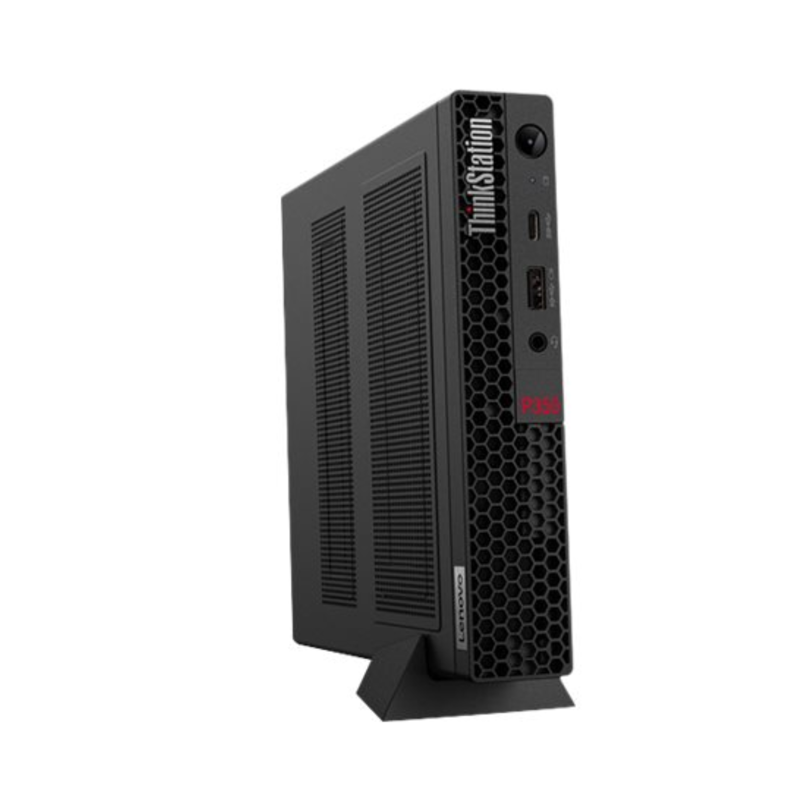 Detalhe da lateral direita da workstation recondicionada Lenovo ThinkStation P350 Tiny. Esta imagem destaca o chassi em aço reforçado e os apoios de borracha antiderrapantes integrados, permitindo uma utilização segura e estável na posição horizontal. Uma solução ultracompacta e flexível disponível na JANSit, ideal para ser colocada debaixo do ecrã, num suporte vertical ou em balcões de atendimento com espaço reduzido.