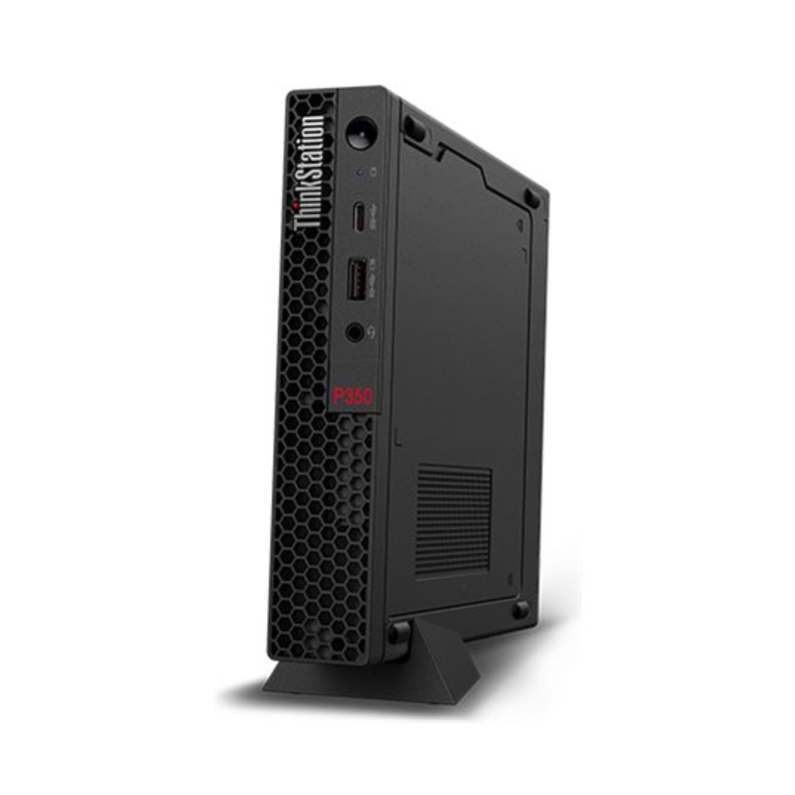 Detalhe da lateral esquerda da workstation recondicionada Lenovo ThinkStation P350 Tiny. Esta imagem destaca o perfil extremamente fino do chassi em aço de 1 litro, a grelha de ventilação lateral para otimização térmica e o acabamento matte característico da linha ThinkStation. Uma micro estação de trabalho robusta e versátil disponível na JANSit, ideal para montagem VESA atrás do monitor ou utilização discreta na secretária.