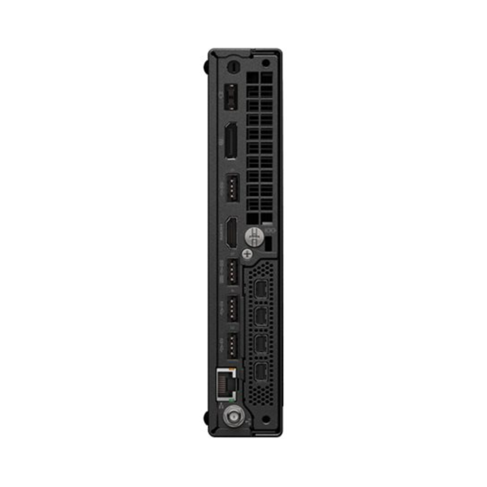 Detalhe da parte traseira da micro workstation recondicionada Lenovo ThinkStation P350 Tiny. Esta imagem destaca a incrível densidade de conexões do formato de 1 litro, incluindo saídas DisplayPort, HDMI, portas USB 3.2 de alta velocidade, conector de rede RJ-45 Ethernet Gigabit e ranhura de expansão (para placa gráfica dedicada ou portas adicionais). Uma estação de trabalho ultracompacta disponível na JANSit, perfeita para configurações multi-monitor no setor financeiro, engenharia ou controlo.
