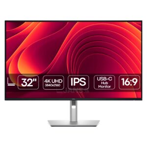 Monitor Dell Pro Plus P3225QE reacondicionado JANSit – Monitor profesional de 32 pulgadas 4K UHD. Vista frontal que muestra la pantalla antirreflectante con marcos ultrafinos, el soporte ergonómico regulable en altura y el acabado en color plata y negro característico de Dell. Con garantía JANSit.