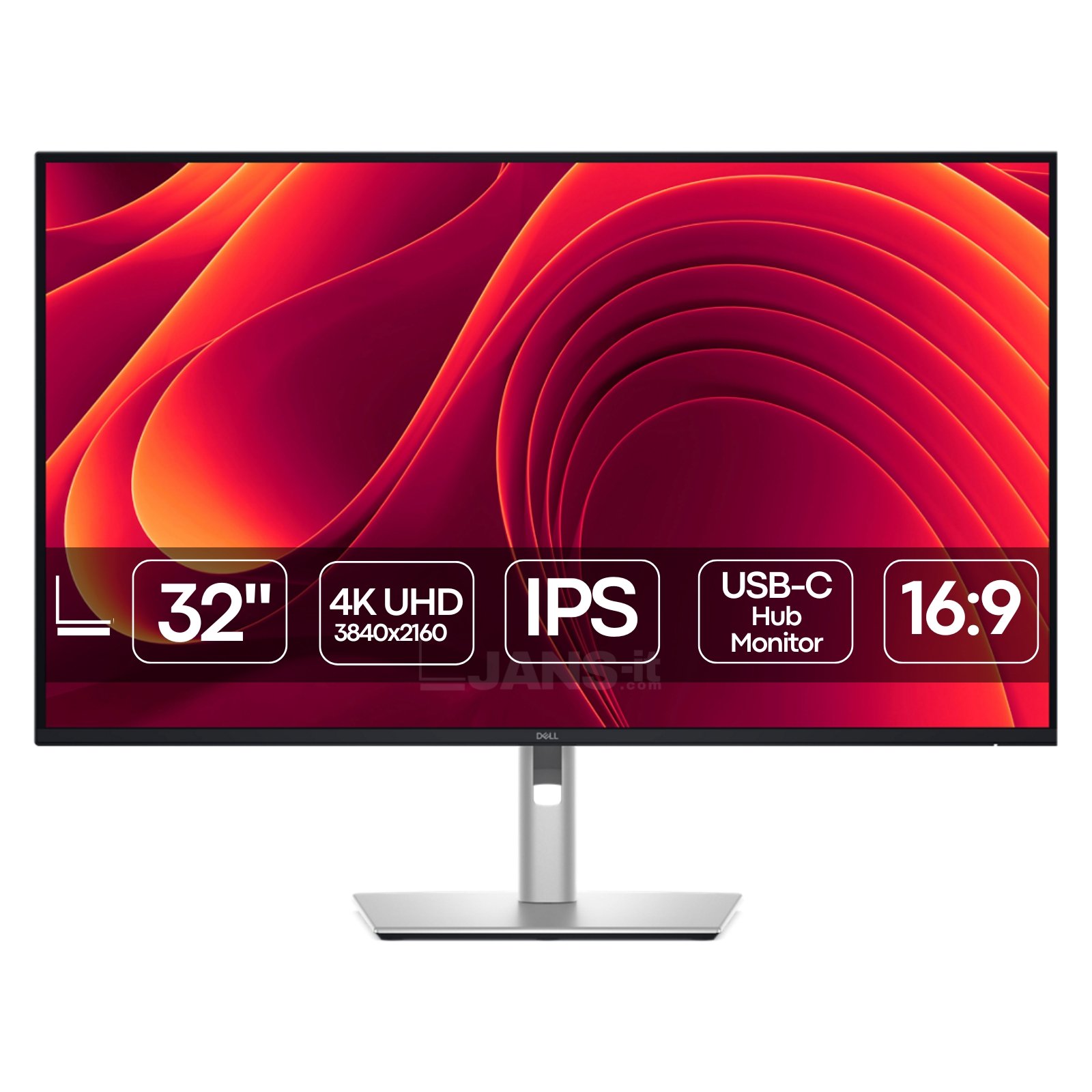 Monitor Dell Pro Plus P3225QE reacondicionado JANSit – Monitor profesional de 32 pulgadas 4K UHD. Vista frontal que muestra la pantalla antirreflectante con marcos ultrafinos, el soporte ergonómico regulable en altura y el acabado en color plata y negro característico de Dell. Con garantía JANSit.