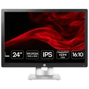 Imagem principal do monitor profissional recondicionado HP EliteDisplay E242 de 24 polegadas. Esta fotografia frontal destaca o ecrã com tecnologia de painel IPS, resolução WUXGA de 1920x1200 píxeis em proporção 16:10 (proporcionando maior espaço de trabalho vertical) e suporte ergonómico completo com ajuste de altura, inclinação, rotação e modo pivot vertical. Um monitor robusto e confortável disponível na JANSit, ideal para tarefas de produtividade, edição de documentos, programação e teletrabalho.