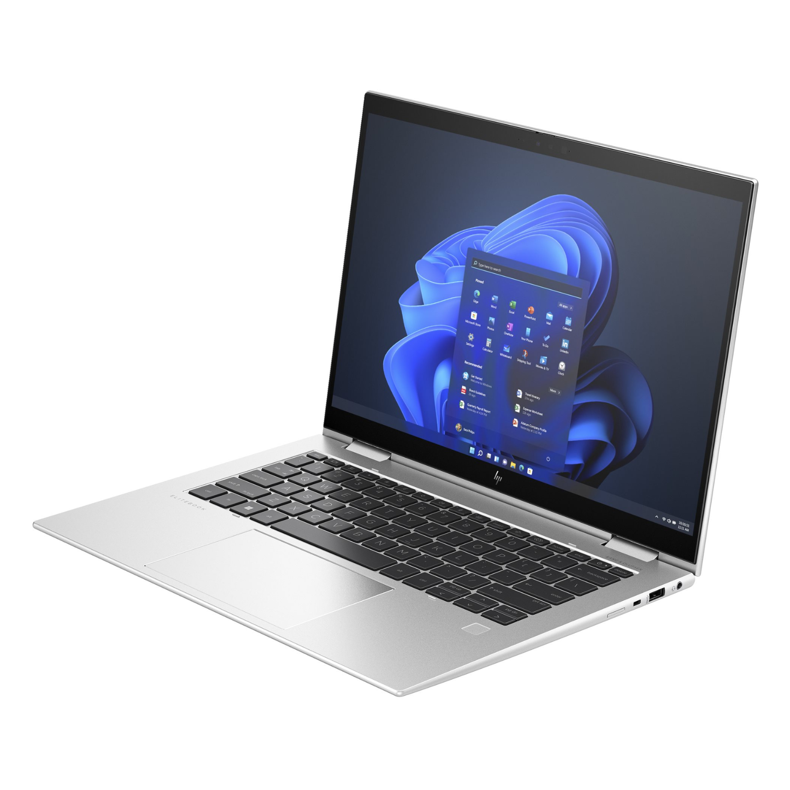 Vista detalhada do perfil lateral direito do portátil empresarial conversível recondicionado HP EliteBook 1040 x360 G10. A imagem salienta a construção monobloco em alumínio e as interfaces periféricas essenciais, incluindo uma porta USB Type-A SuperSpeed (com tecnologia de carregamento HP Sleep and Charge para dispositivos móveis), o conector combinado de 3,5 mm para auscultadores/microfone e o leitor de cartões Smart Card (ou slot nano-SIM para conectividade móvel opcional). Um equipamento premium de produtividade disponível na JANSit, ideal para ligações rápidas a periféricos legados, headsets de videoconferência e utilização flexível em deslocações corporativas.