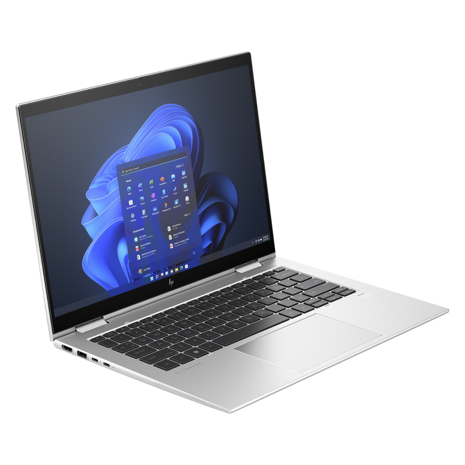 Vista detalhada do perfil lateral esquerdo do portátil profissional conversível recondicionado HP EliteBook 1040 x360 G10. A imagem evidencia o acabamento ultrafino em liga de alumínio usinado e a conectividade de alto débito, integrando portas Thunderbolt 4 / USB Type-C (com suporte a carregamento Power Delivery e DisplayPort), uma saída de vídeo HDMI de tamanho integral e a grelha discreta de ventilação térmica. Um equipamento empresarial de topo disponível na JANSit, projetado para ligação rápida a docas universais, múltiplos monitores externos e periféricos em postos de trabalho modernos e dinâmicos.