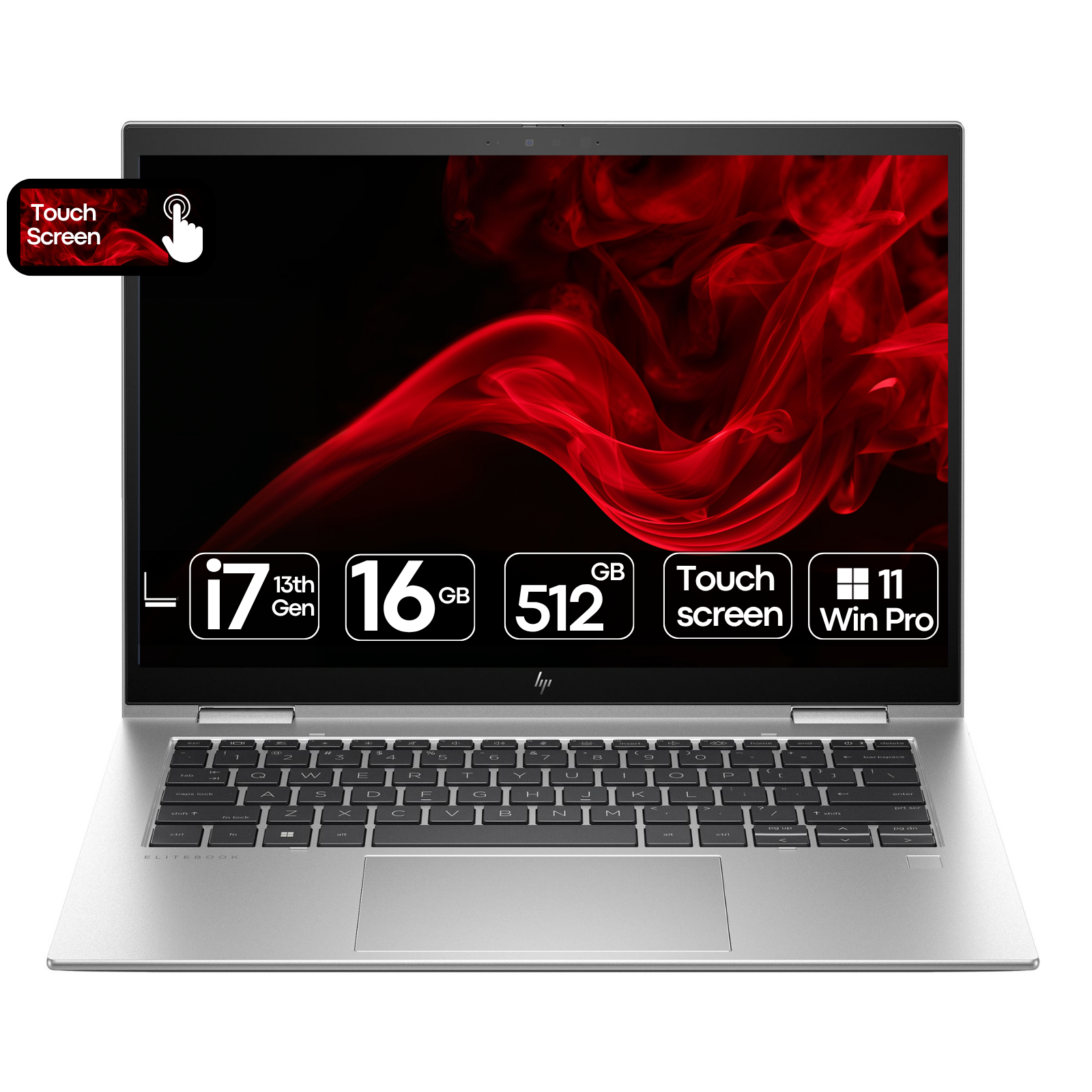 Imagem principal do portátil empresarial topo de gama recondicionado HP EliteBook 1040 x360 G10. Esta fotografia em perspetiva frontal aberta destaca o chassi ultrafino em alumínio prateado, o ecrã tátil de 14 polegadas com proporção 16:10 de alta resolução, o teclado ergonómico premium retroiluminado com leitor de impressões digitais integrado e as dobradiças versáteis de 360 graus que permitem alternar facilmente entre os modos portátil, tenda e tablet. Um computador portátil profissional de alta performance e segurança biométrica disponível na JANSit, ideal para executivos, gestores, profissionais em mobilidade e ambientes corporativos exigentes.
