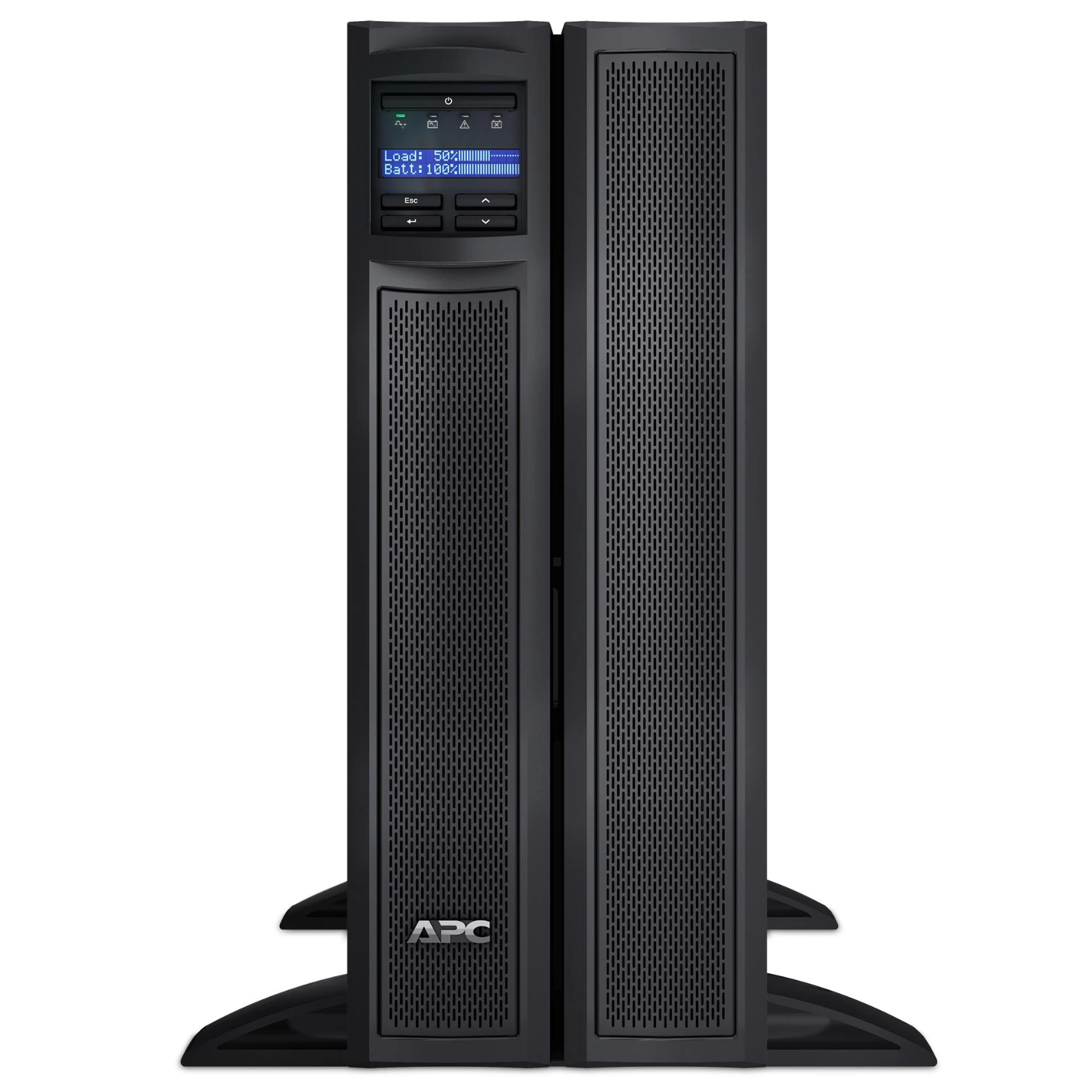 Imagem principal da unidade de alimentação ininterrupta (UPS) recondicionada APC Smart-UPS X 2200VA (Rack/Tower 2U com tecnologia Line-Interactive de onda sinusoidal pura). A fotografia destaca o painel frontal intuitivo com ecrã LCD retroiluminado para consulta de autonomia, carga e diagnóstico do sistema em tempo real, além da grelha de ventilação frontal para refrigeração contínua. Um equipamento de energia crítica de alta fiabilidade disponível na JANSit, essencial para salvaguardar servidores, sistemas de storage, switches de distribuição e postos de trabalho de alto rendimento contra cortes de energia, sobretensões e instabilidades na rede elétrica.