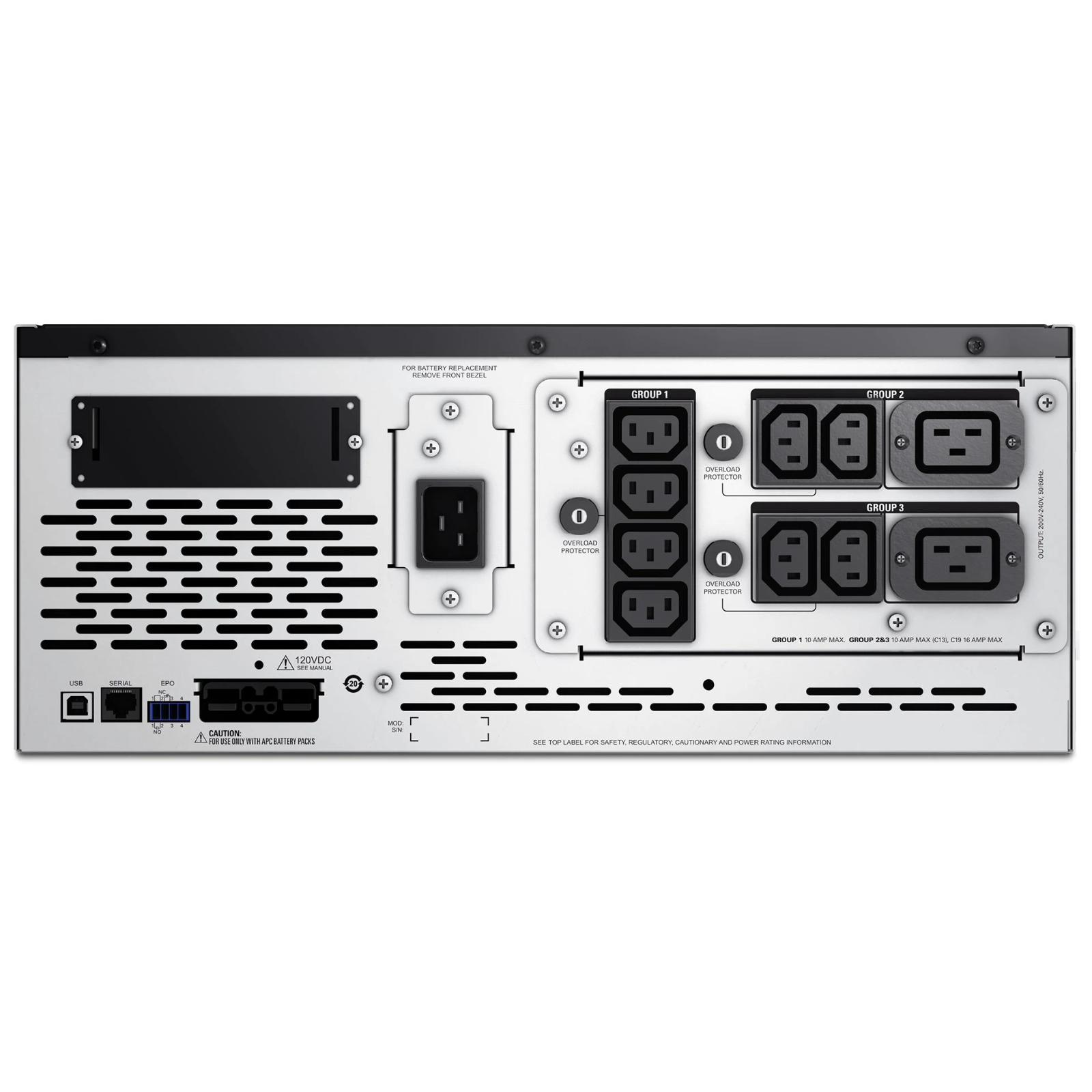 Vista traseira da unidade de alimentação ininterrupta recondicionada APC Smart-UPS X 2200VA em formato conversível rack/torre 2U. A imagem detalha as múltiplas tomadas de saída IEC 320 C13 e IEC 320 C19 com grupos de comutação geríveis independentemente para corte de cargas não essenciais, a ranhura de expansão SmartSlot (para instalação de placa de gestão de rede NMC), portas de comunicação USB/Série e a interface dedicada para ligação de módulos de bateria externos (pack de baterias adicionais). Um equipamento robusto de proteção elétrica disponível na JANSit, perfeito para assegurar continuidade operacional e encerramento seguro de infraestruturas virtuais e bastidores de rede.