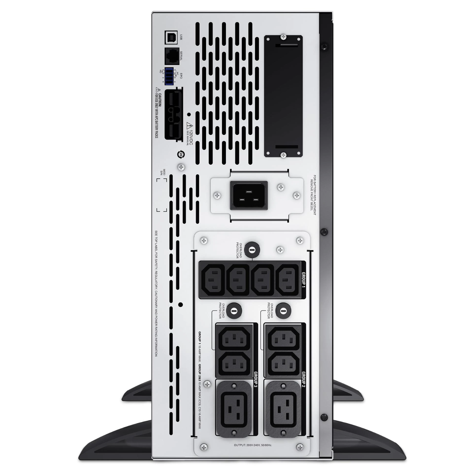 Vista traseira da unidade de alimentação ininterrupta recondicionada APC Smart-UPS X 2200VA em formato conversível rack/torre 2U. A imagem detalha as múltiplas tomadas de saída IEC 320 C13 e IEC 320 C19 com grupos de comutação geríveis independentemente para corte de cargas não essenciais, a ranhura de expansão SmartSlot (para instalação de placa de gestão de rede NMC), portas de comunicação USB/Série e a interface dedicada para ligação de módulos de bateria externos (pack de baterias adicionais). Um equipamento robusto de proteção elétrica disponível na JANSit, perfeito para assegurar continuidade operacional e encerramento seguro de infraestruturas virtuais e bastidores de rede.