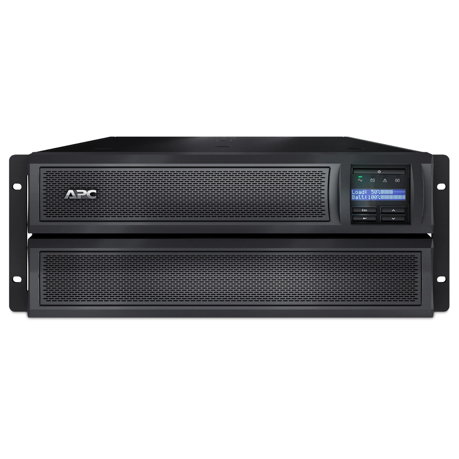 Imagem principal da unidade de alimentação ininterrupta (UPS) recondicionada APC Smart-UPS X 2200VA (Rack/Tower 2U com tecnologia Line-Interactive de onda sinusoidal pura). A fotografia destaca o painel frontal intuitivo com ecrã LCD retroiluminado para consulta de autonomia, carga e diagnóstico do sistema em tempo real, além da grelha de ventilação frontal para refrigeração contínua. Um equipamento de energia crítica de alta fiabilidade disponível na JANSit, essencial para salvaguardar servidores, sistemas de storage, switches de distribuição e postos de trabalho de alto rendimento contra cortes de energia, sobretensões e instabilidades na rede elétrica.