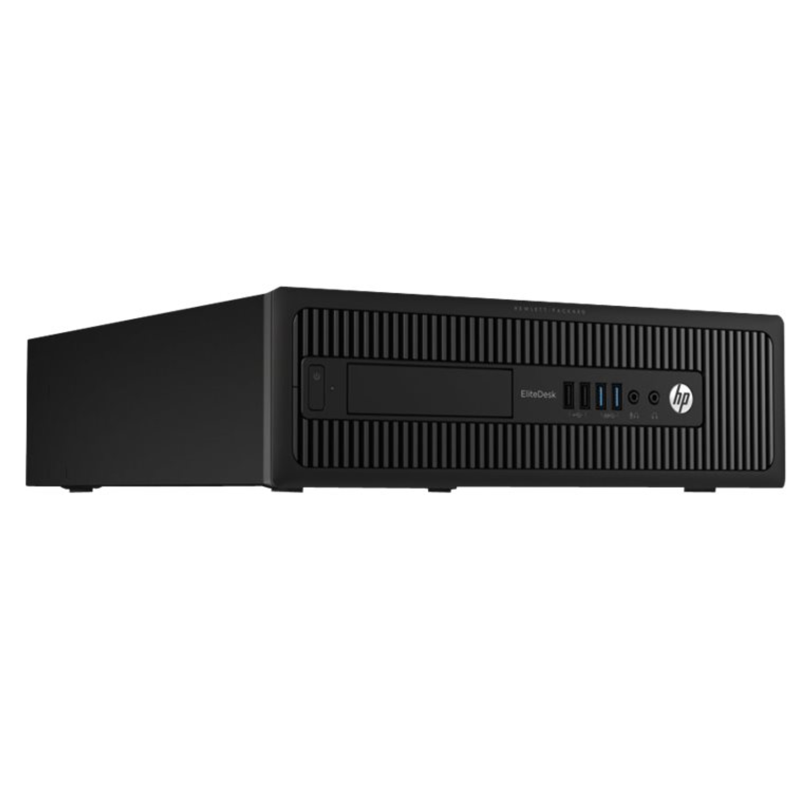 Perspetiva lateral direita do computador de secretária corporativo recondicionado HP ProDesk / EliteDesk 800 G1 Small Form Factor (SFF). A fotografia evidencia a superfície inferior e lateral reforçada com acabamento em aço escuro e pés de borracha antiderrapantes embutidos, concebidos para apoiar a unidade de forma firme e segura na horizontal diretamente sob a base de monitores de escritório, reduzindo a pegada na secretária e protegendo o chassi contra riscos. Um equipamento compacto de elevada durabilidade disponível na JANSit, perfeito para postos de trabalho partilhados, salas de controlo e balcões de atendimento ao público com espaço limitado.
