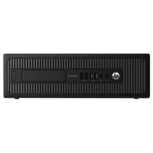 Imagem principal do computador de secretária profissional recondicionado HP EliteDesk / ProDesk 800 G1 em formato Small Form Factor (SFF). A fotografia frontal evidencia o chassi metálico compacto e resistente, a grelha frontal para fluxo de ar eficiente, unidade de leitura ótica integrada e o painel de conectividade frontal rápida com quatro portas USB (incluindo USB 3.0 de alta velocidade) e conectores de áudio para auscultadores e microfone. Um desktop corporativo económico, fiável e de reduzida pegada de secretária disponível na JANSit, ideal para equipar postos de atendimento, receções, escolas, gabinetes de contabilidade e tarefas diárias de escritório.