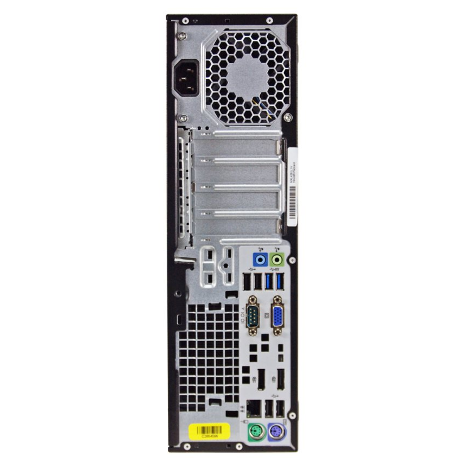 Perspetiva lateral traseira em perspetiva do computador de secretária profissional recondicionado HP ProDesk / EliteDesk 800 G1 em formato Small Form Factor (SFF). A fotografia em ângulo evidencia a conetividade traseira completa para periféricos e monitores duplos — incluindo duas saídas de vídeo digitais DisplayPort, uma porta VGA analógica, portas USB 3.0 e USB 2.0, porta de rede Gigabit Ethernet RJ-45 e portas de áudio —, além dos quatro slots de expansão PCIe de perfil baixo (low-profile) e da grelha de exaustão térmica com fonte de alimentação integrada. Uma máquina de secretária prática, fiável e acessível disponível na JANSit, ideal para configurações multiecrã em escritórios, serviços administrativos e postos de apoio técnico.