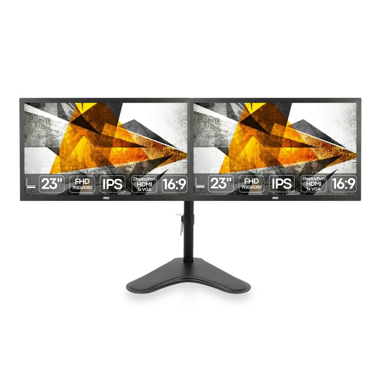 Imagem principal do conjunto de ecrã duplo recondicionado composto por dois monitores empresariais AOC I2375PQU de 23 polegadas Full HD (1920x1080) instalados num suporte articulado ergonómico de secretária com pé duplo / braço duplo de fixação VESA. A fotografia em perspetiva frontal evidencia o alinhamento panorâmico contínuo dos painéis IPS com moldura fina e acabamento antirreflexo, permitindo duplicar a área útil de trabalho sem ocupar a bancada com duas bases separadas. O suporte robusto integrado assegura regulação precisa de altura independente, inclinação vertical, aproximação e orientação horizontal ou vertical (pivot) em simultâneo. Uma solução profissional completa de produtividade multiecrã disponível na JANSit, essencial para gabinetes de contabilidade, análise financeira, programação, trading, edição de documentos complexos e secretárias executivas em regime intensivo.